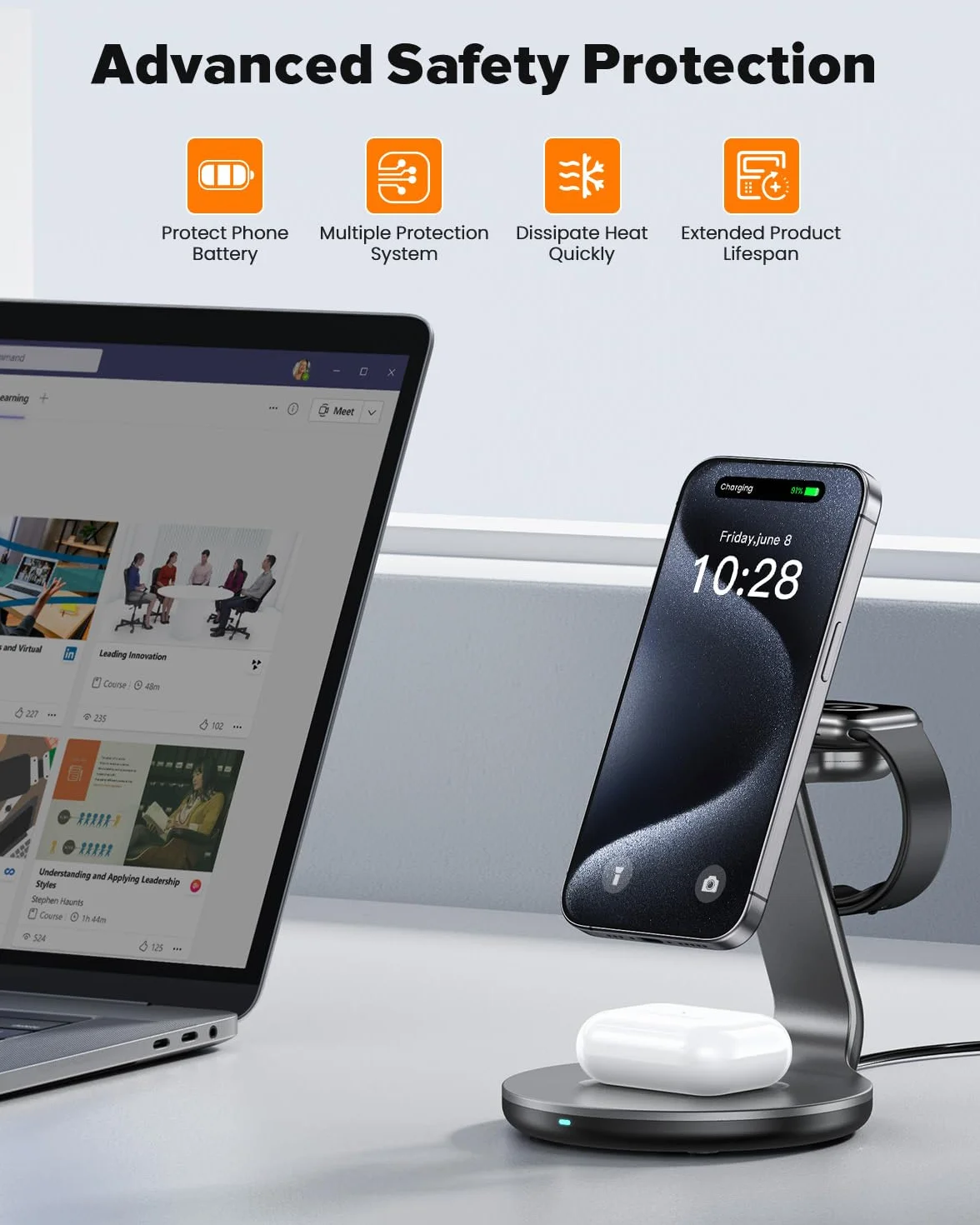 HERRBOL Bezprzewodowa ładowarka 3 w 1, bezprzewodowa stacja ładująca do iPhone'a 15 14 13 12 11 / Pro/XS/XR/X/SE/8/8 Plus, bezprzewodowy stojak ładujący kompatybilny z Apple Watch