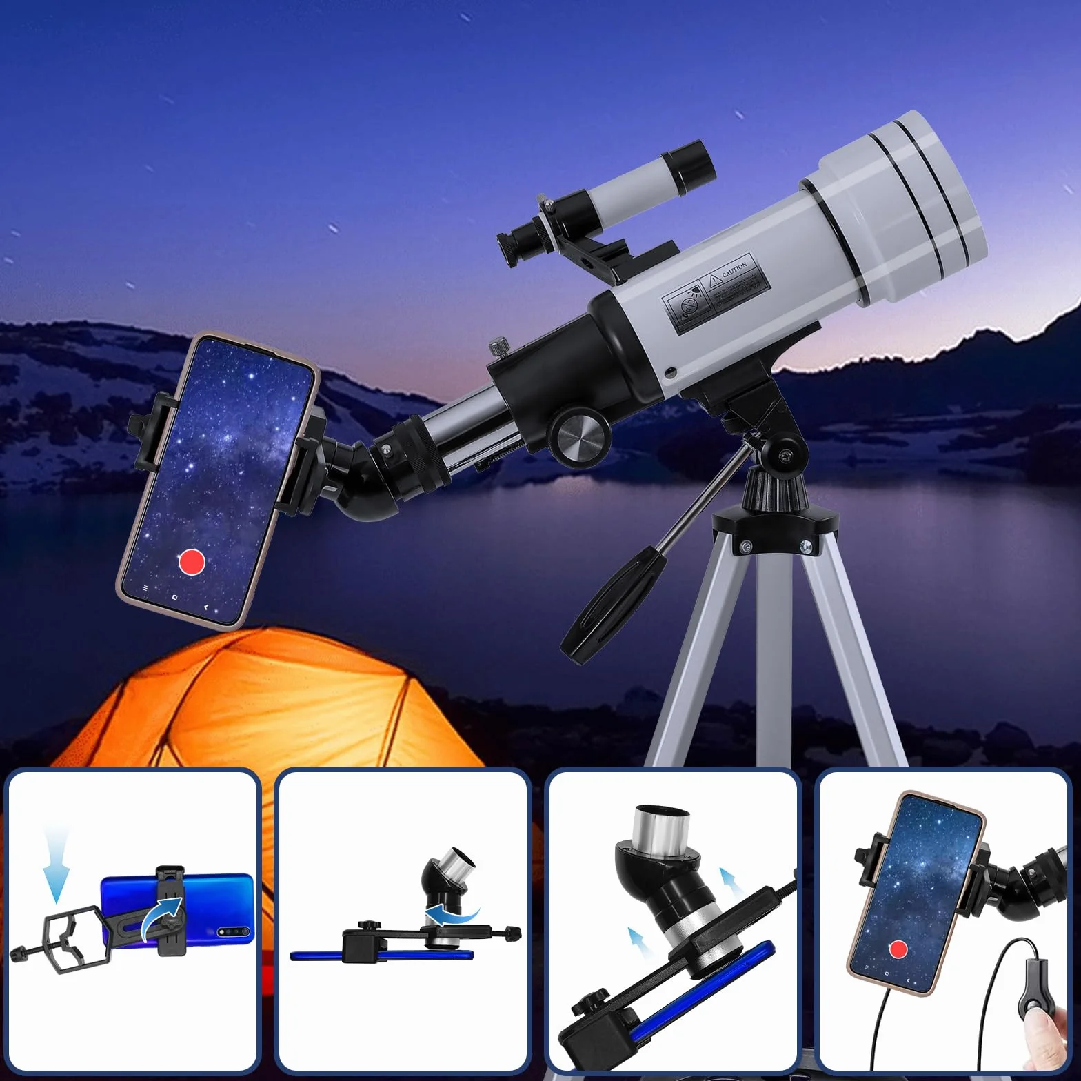 KlaroruA teleskop astronomiczny 70/400 mm teleskop dla dorosłych, astronomiczny teleskop załamania światła dla dzieci i początkujących, z adapterem do telefonu i statywem, CLT001-WH