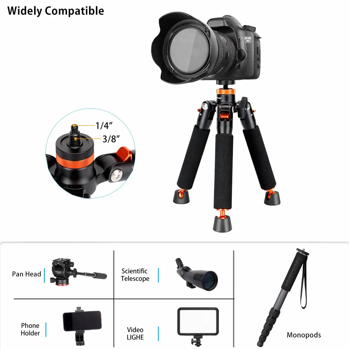 Koolehaoda Aluminiowy monopod do aparatu fotograficznego z metalową podstawą. 6 sekcji 42-177 cm, regulowana średnica nóg Φ28 mm, do 10 kg - czarny