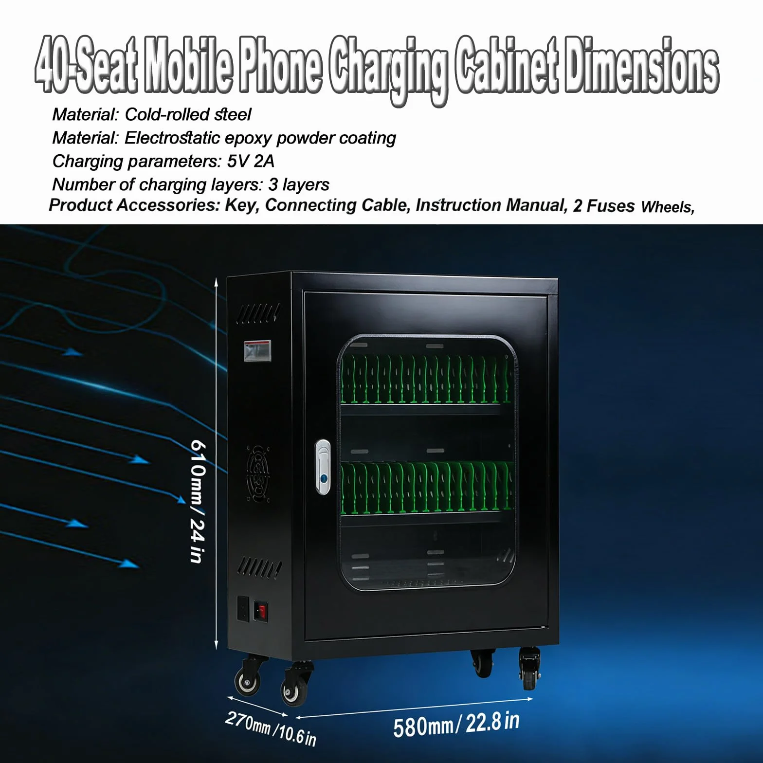 Wózek Ładujący USB 40 Gniazd Black | Szafka Ładująca Do Urządzeń Mobilnych Z Zamykanym Schowkiem, Kółkami I Stacją USB 5V/2A Dla Szkół Biur