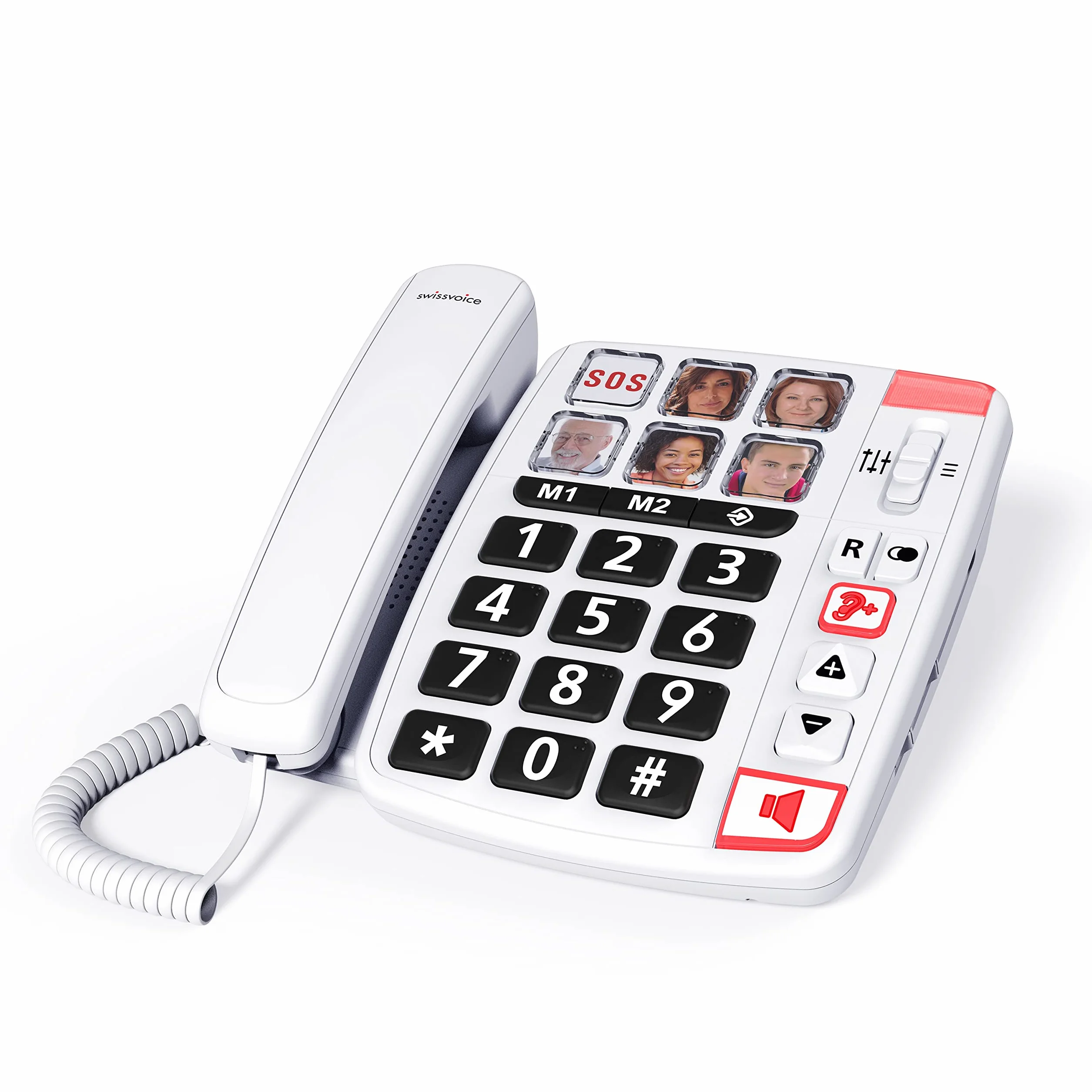 Swissvoice Xtra 1110 telefon przewodowy z bardzo dużymi przyciskami, sześć przycisków bezpośredniego wyboru zdjęć, głośne dzwonki, kompatybilny z aparatami słuchowymi