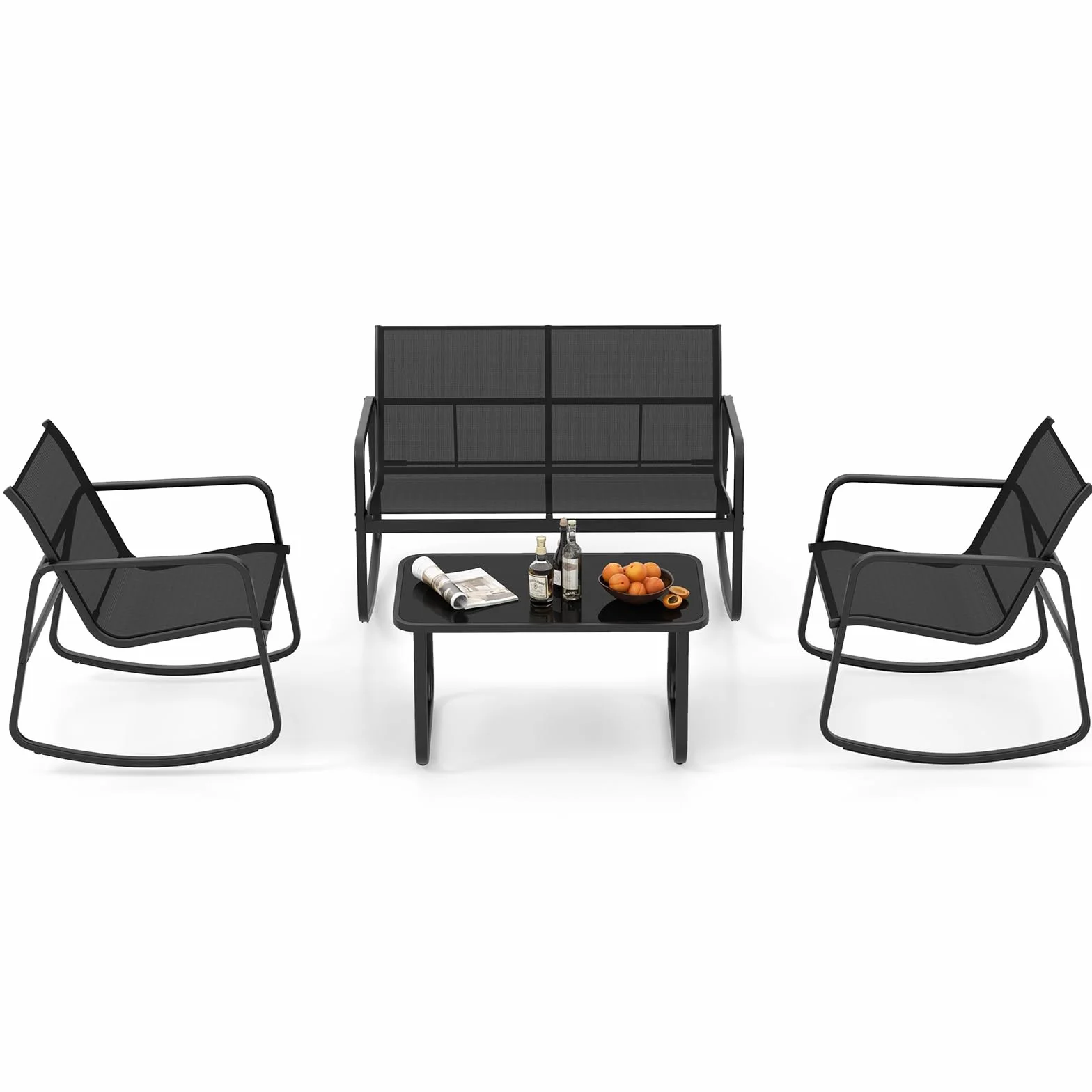 GIANTEX Salon ogrodowy dla 4 osób, stół zewnętrzny z 2 oddychającymi krzesłami bujanymi z tkaniny, 1 sofa, szklany stolik kawowy, meble ogrodowe na balkon, dziedziniec, basen