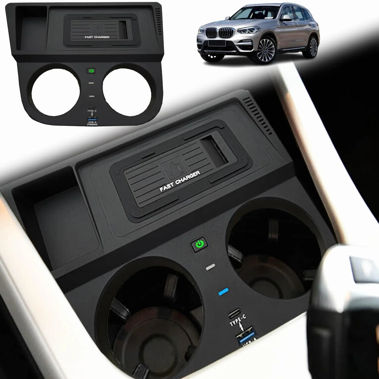Bezprzewodowa ładowarka Samochodowa dla BMW X3 (2013-2018) / X4 (2014-2018), Podkładka Do Szybkiego ładowania Telefonu O Mocy 15W dla Dowolnego Telefonu Komórkowego Obsługującego Qi
