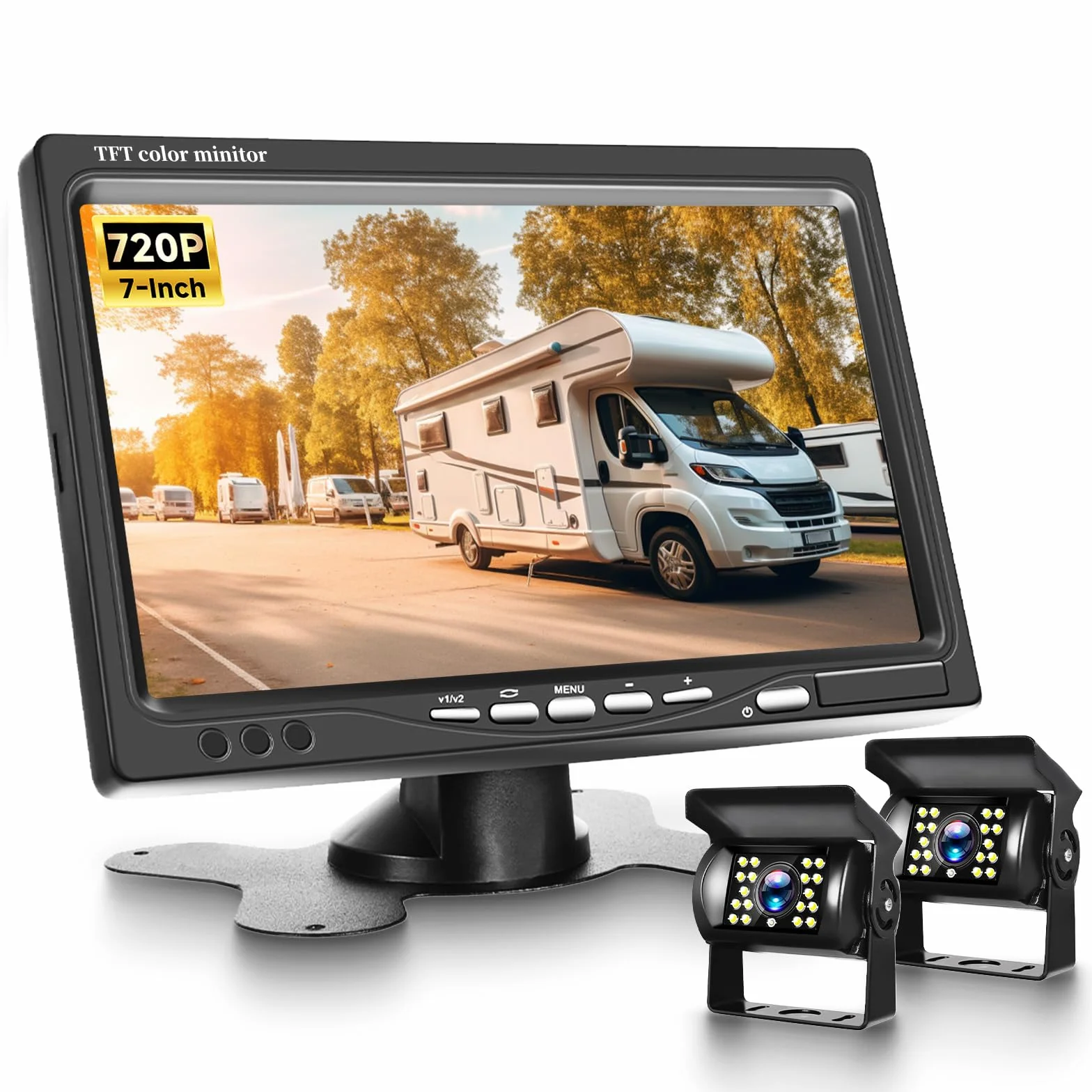 VECHTEL 2 x kabel do kamery cofania z 7-calowym monitorem TFT, pomoc przy parkowaniu, kamera cofania 18 LED, widoczność w nocy, klasa wodoszczelności IP68, do SUV, ciężarówek, kamperów, DC 12-24 V