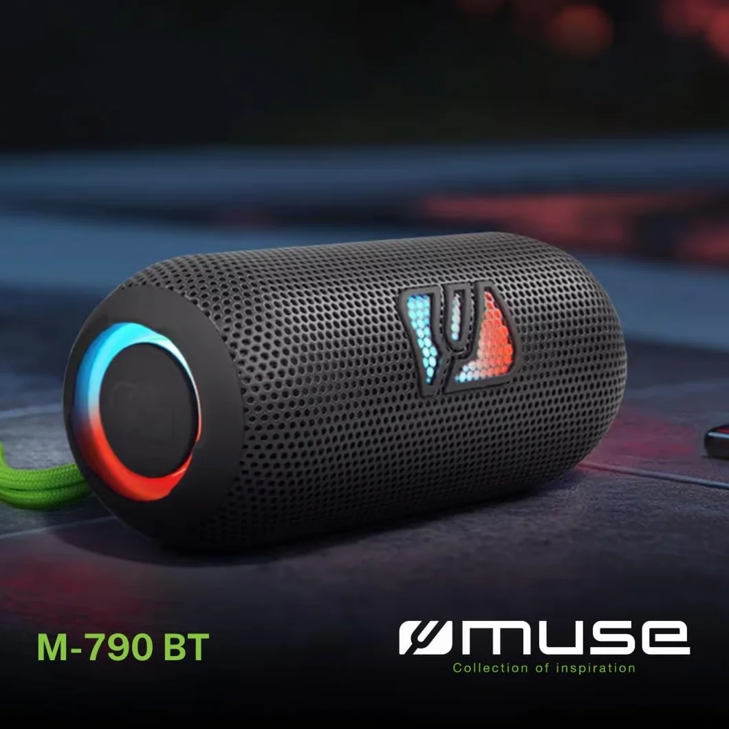 Muse M790BT Przenośny głośnik Bluetooth odporny na zachlapanie z wbudowanym światłem. 60 W mocy zestawu głośnomówiącego. Możliwość pary Stereo. Koncektor ładowania USB-C. Bateria 2700 mAh
