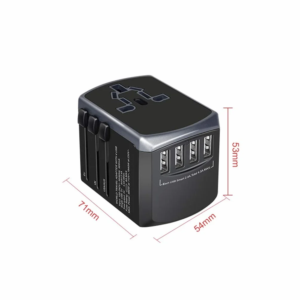 Uniwersalny międzynarodowy adapter podróży, ogólnoświatowy zasilacz z 4 Usb. Idealny na europejski USA, UE, UK, AU 224 Państwa (Color : A, Rozmiar : 5.3 * 5.4 * 7.1cm)