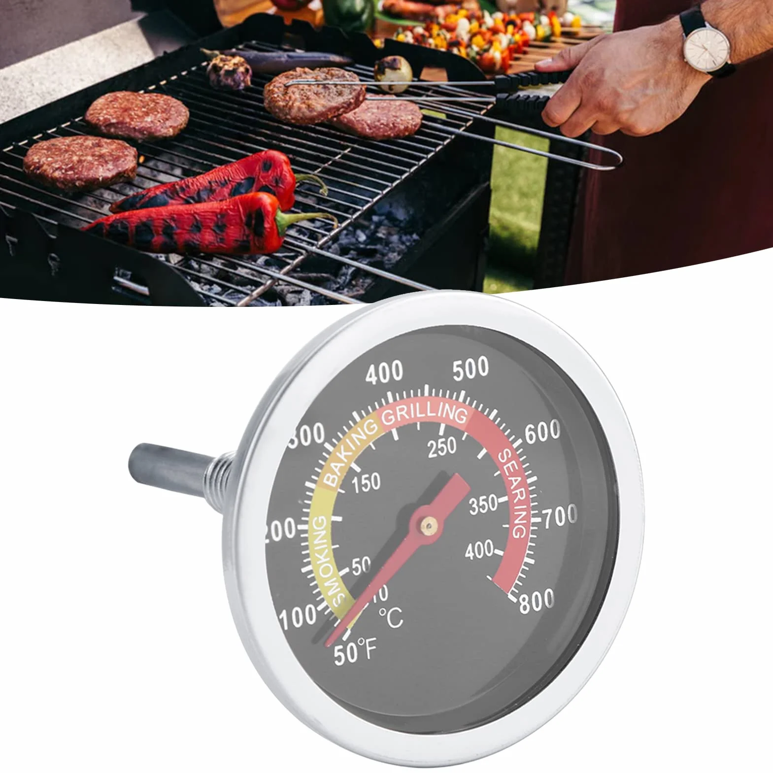Akozon Enders Diego 50~800℉ L stalowy termometr do grilla, wskaźnik temperatury do grillowania, termometr Smokey Mountain