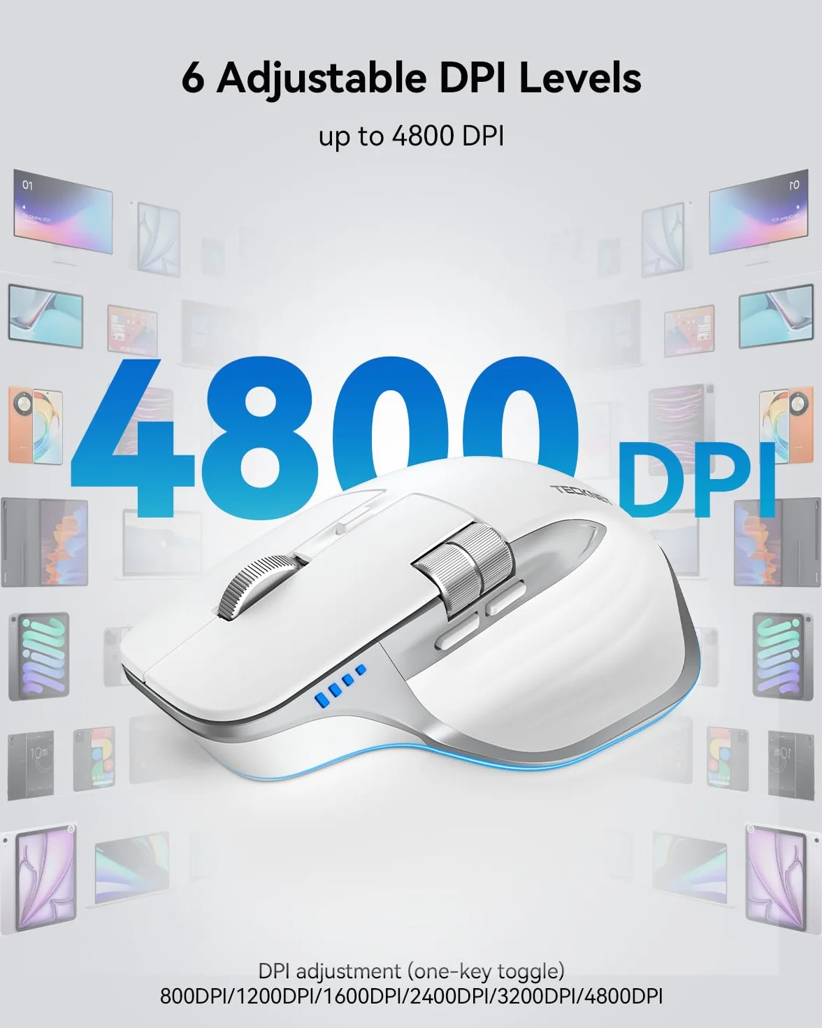 TECKNET Bezprzewodowa Mysz Bluetooth (BT 5.3/5.0+2,4G), Boczne Kółko Przewijania, Ładowalna Mysz Ergonomiczna, Ciche Klikanie, 4800 DPI, 7 Przycisków, dla Mac OS, Windows, Biały | 3 tryby (BT 5.3/5.0+2.4G), cichy, 6 regulowanych poziomów DPI, kompatybilny