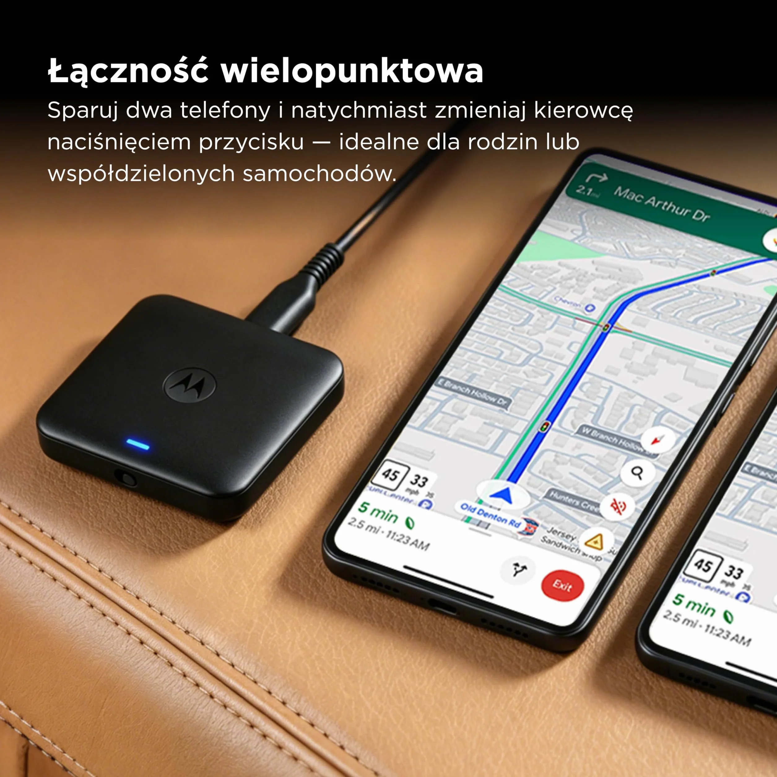 Motorola Drive MA2 adapter bezprzewodowy Android Auto – opracowany przez Google, Wi-Fi 5 GHz, automatyczne połączenie Bluetooth, USB-A i USB-C, wielopunktowe