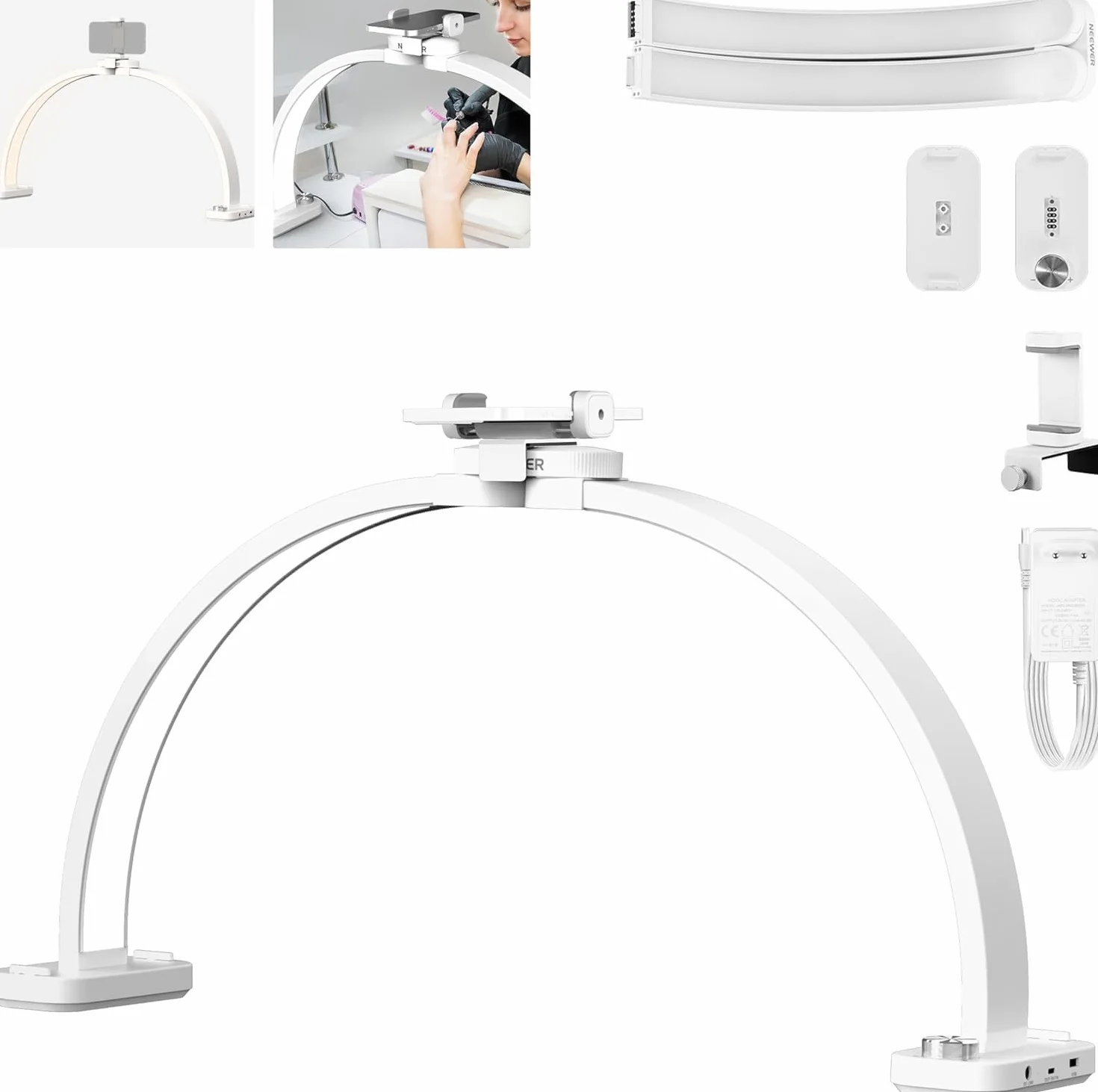 NEEWER Basics HM01-D lampa łukowa 29", 40 W, LED, półksiężyc, na stół/biurko, 3000K-6500K, 3400Lux/0,5 m, CRI95, ładowanie przez USB, uchwyt na telefon do manicure, makijażu, urody, tatuażu, nagrań