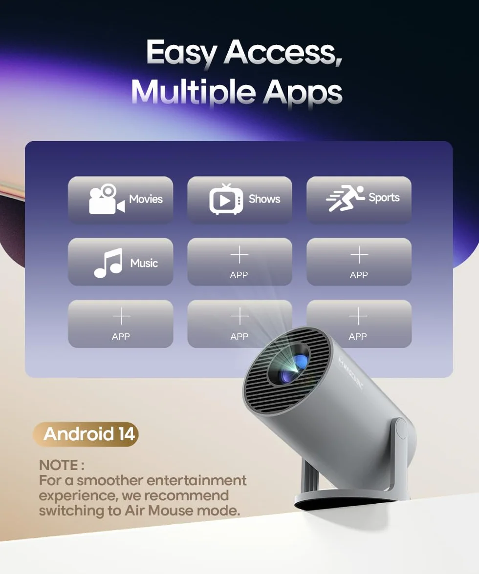 Mini projektor obsługuje 4K | inteligentny projektor 5G WiFi 6 BT 5.4, mini projektor Full HD 1080P, obsługuje 200ANSI 8000L w automatycznej poziomej korekcji trapezu (szary)