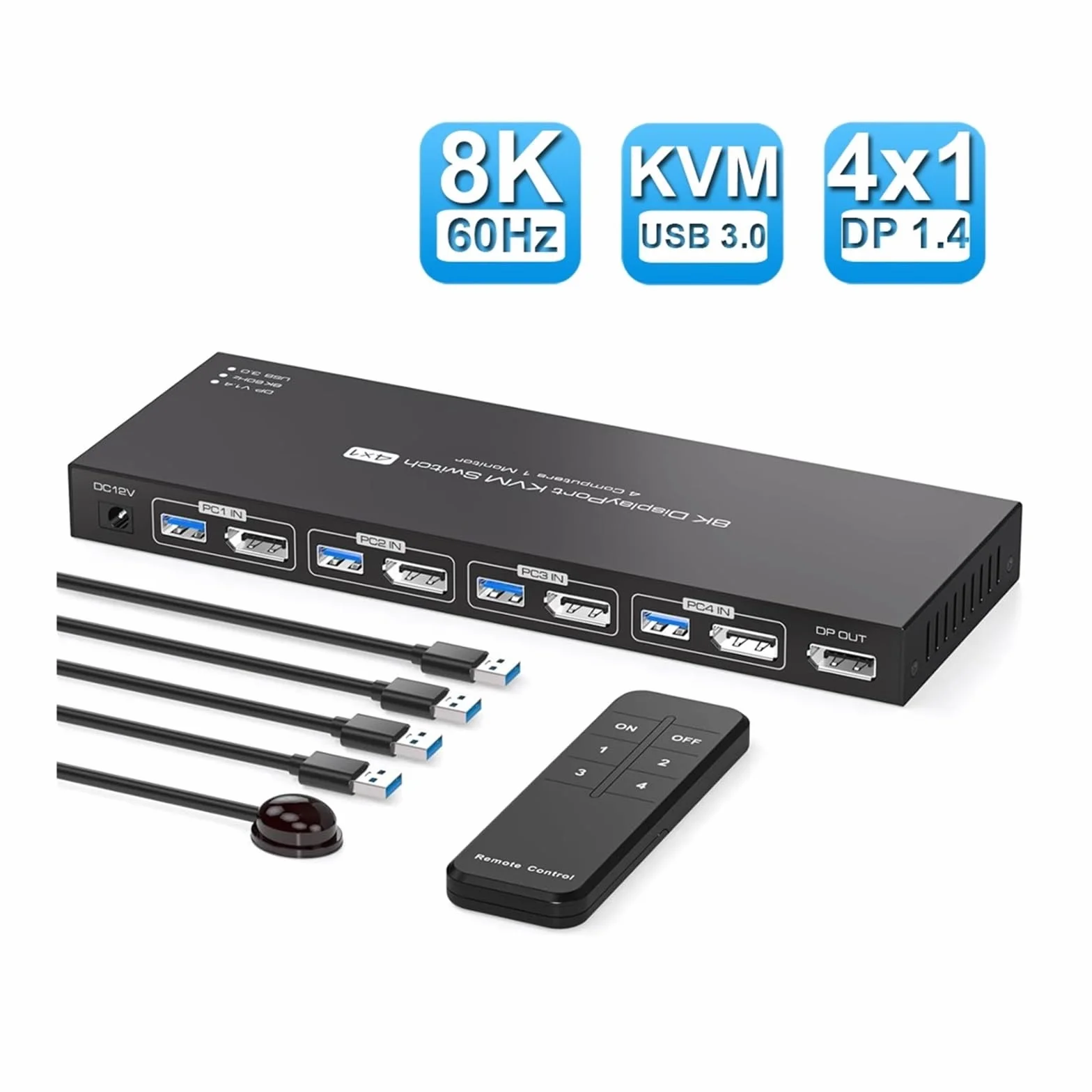 Przełącznik KVM 8K Displayport 1 monitory 4 komputery 4K 144 Hz 4x1 DP USB 3.0, Selektor wielu portów