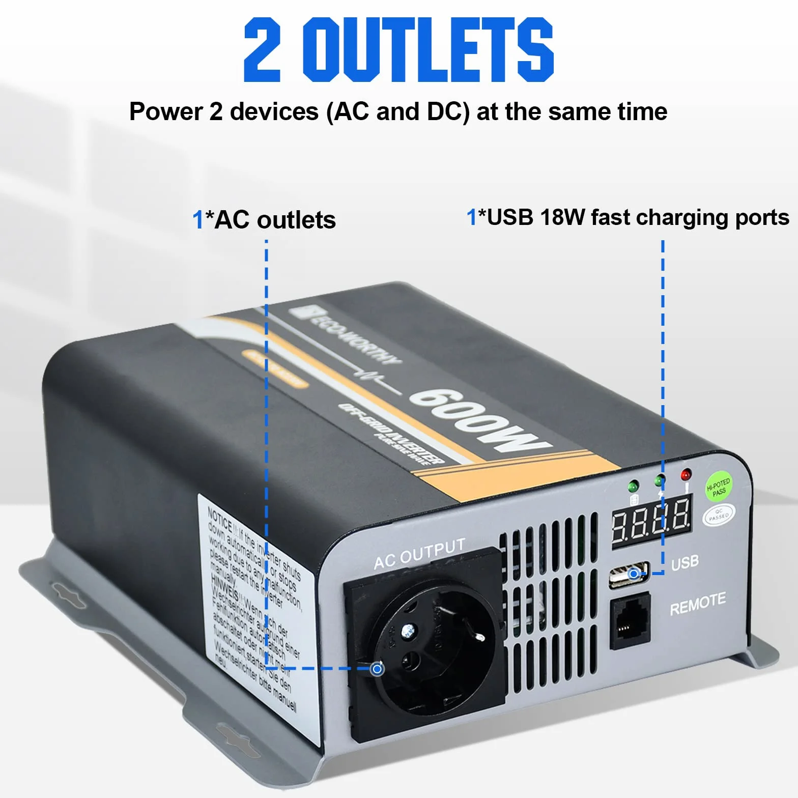 ECO-WORTHY 600 W, 12 V-230 V AC, Off-Grid falownik solarny fala sinusoidalna DC z pilotem zdalnego sterowania i bezpiecznikiem, do samochodu, przyczepy kempingowej, pojazdów kempingowych i systemów