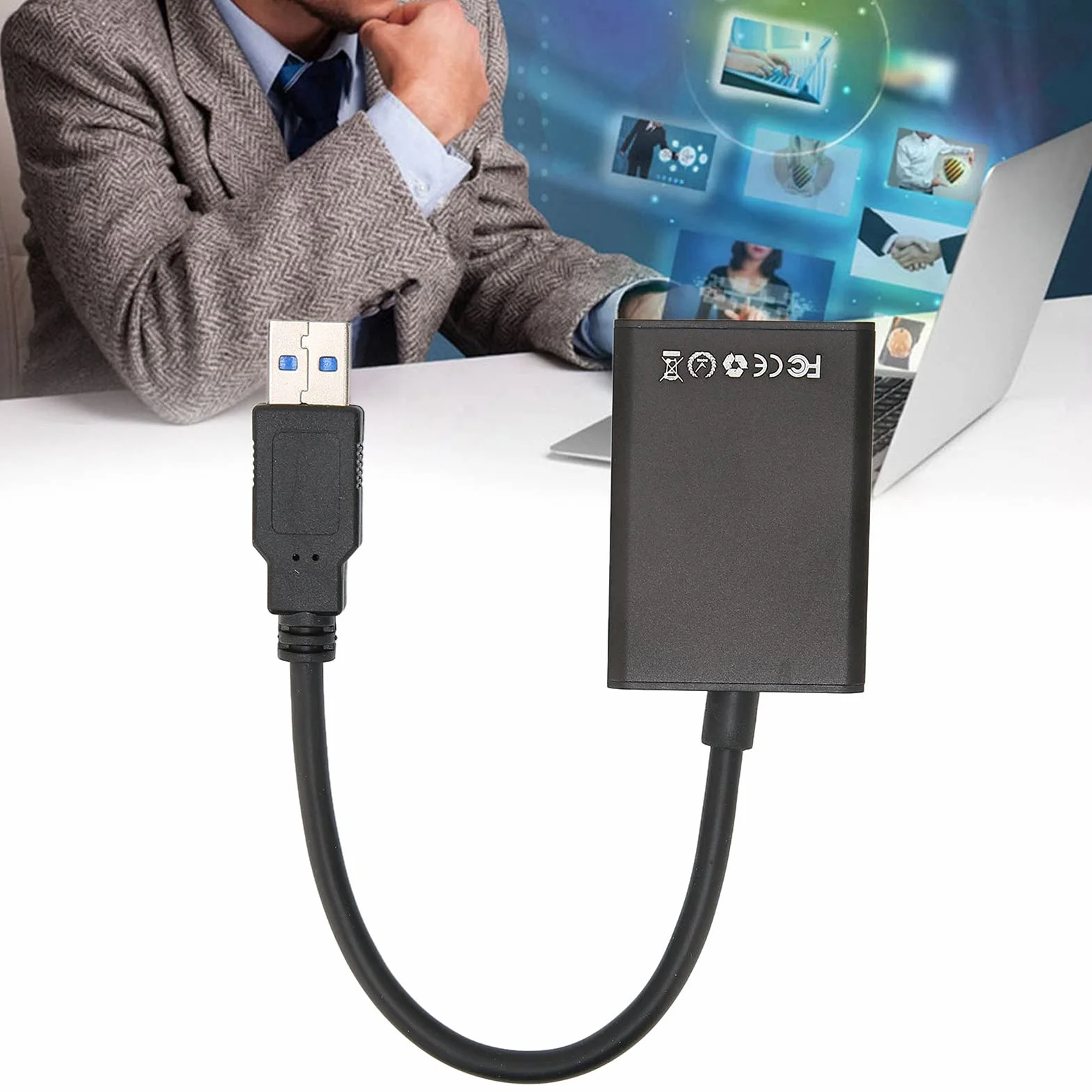 Adapter USB3.0 na HDMI, Interfejs Multimedialny USB3.0 na Wysokiej Rozdzielczości Męski na żeński do Uniwersalnych Komputerów Stacjonarnych i Notebooków