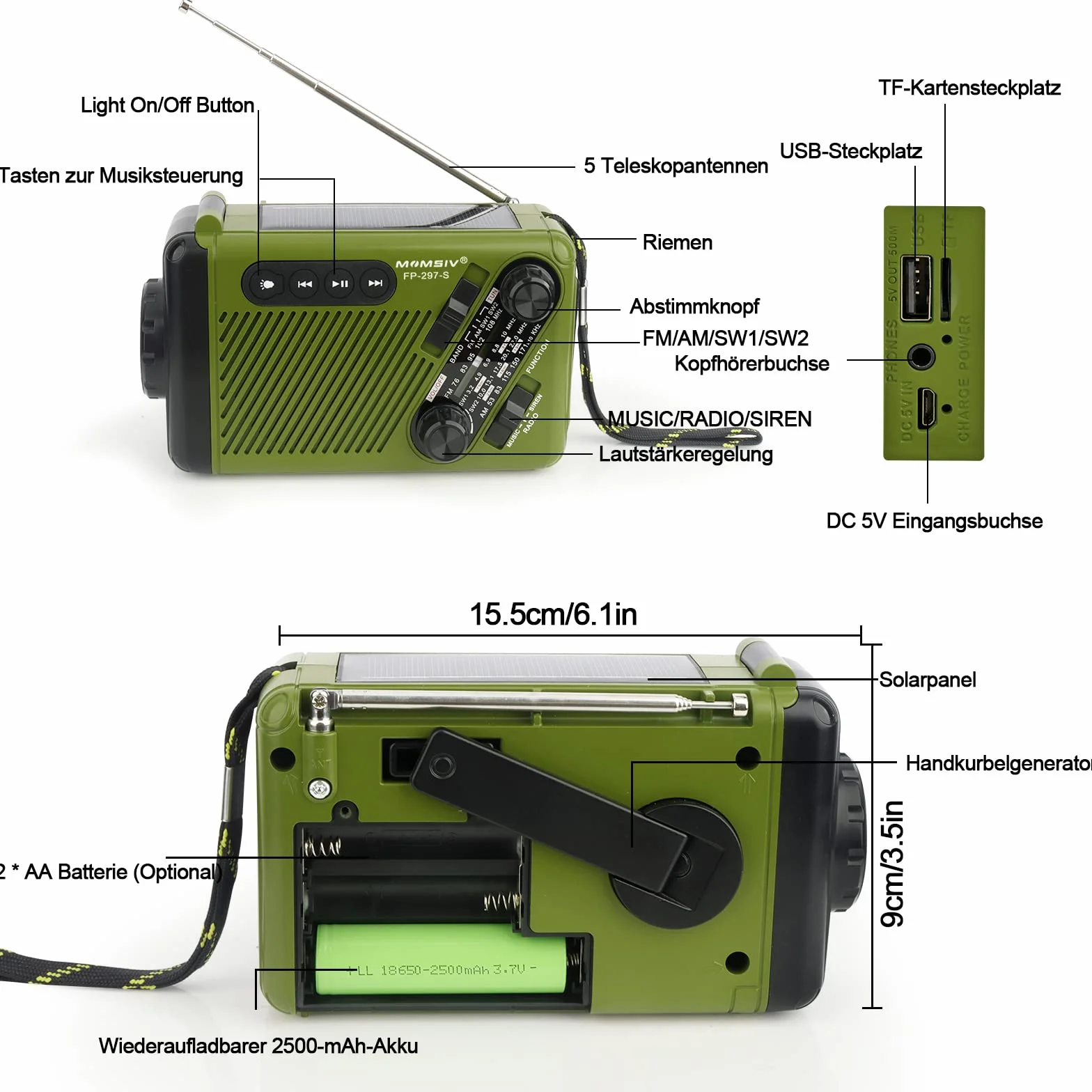 MOMSIV radio solarne, przenośne, dynamo, z korbą ręczną, radio awaryjne z AM/FM, akumulator 2500 mAh, Bluetooth, SOS, latarka LED, gniazdo na kartę TF do użytku na zewnątrz