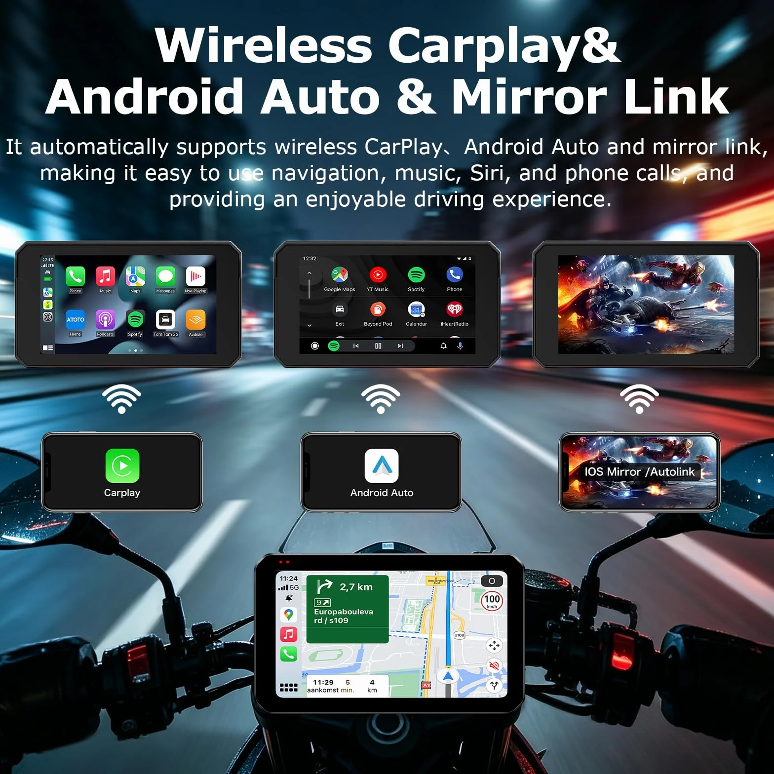 5-calowy motocykl Carplay Android Auto Display GPS Siri/GOO-gle Assistant | Obsługa Bluetooth IP67 Full Body Waterproof Motocyklowe urządzenia nawigacyjne