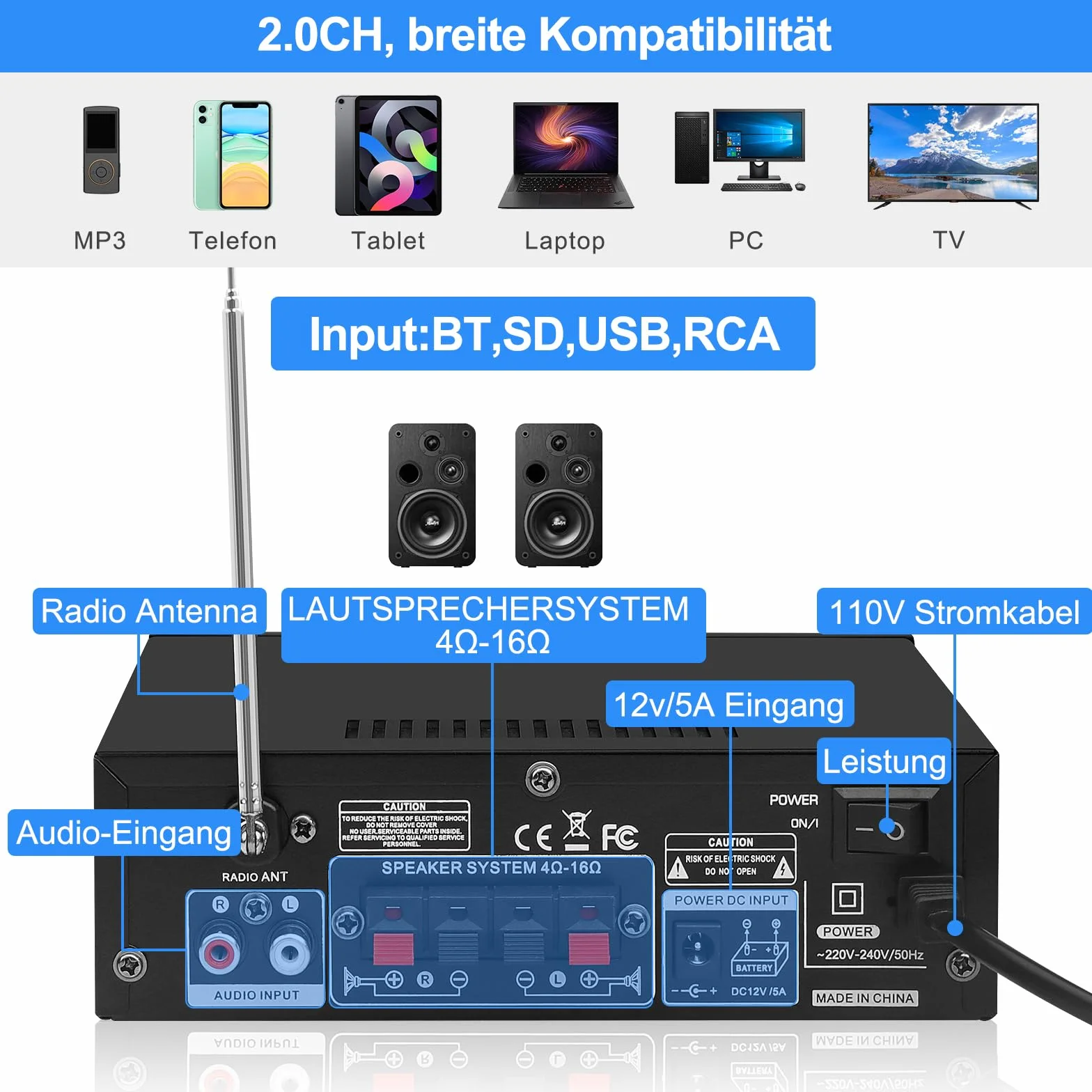 Wzmacniacz audio stereo HiFi, 2.0-kanałowy wzmacniacz głośnika Bluetooth 5.0, BT-298pro 50Wx2 Max 600 W Mini wzmacniacz samochodowy cyfrowy odbiornik mocy HiFi z Echo, MIC, USB, FM