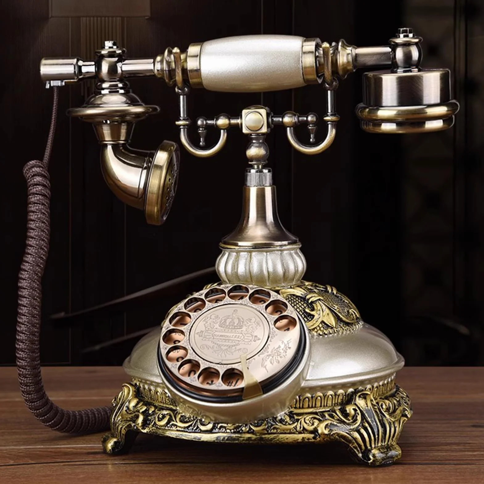 Vintage telefon przewodowy, telefon stacjonarny z tarczą retro, biurko do dekoracji hotelu w biurze domowym(Silver)