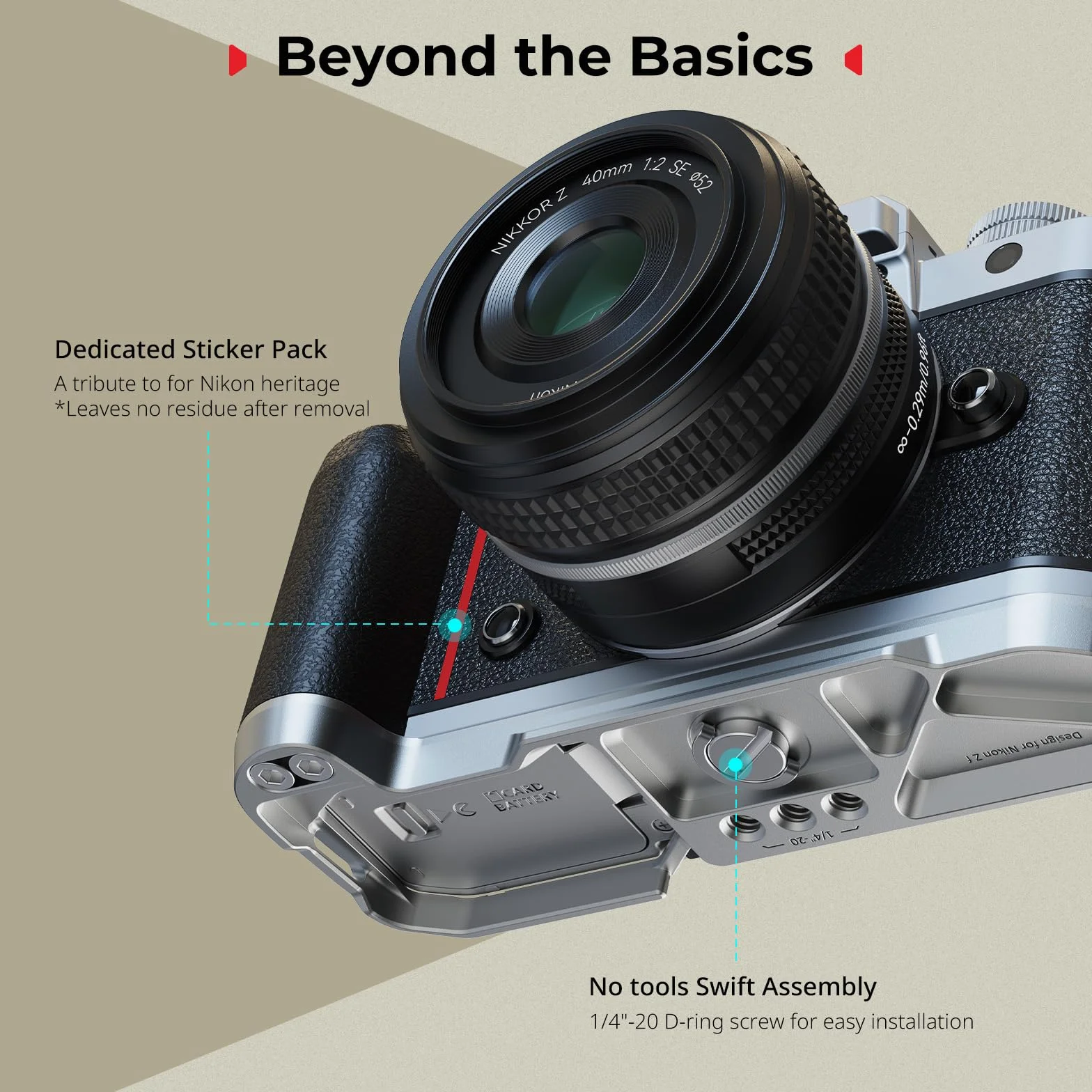 SMALLRIG Silikonowy uchwyt w kształcie litery L do Nikon Z f, z wbudowaną płytką szybkiego montażu do Arca i otworem na pasek na nadgarstek, z gwintowanymi otworami 1/4"-20 do (srebrny) - 5706