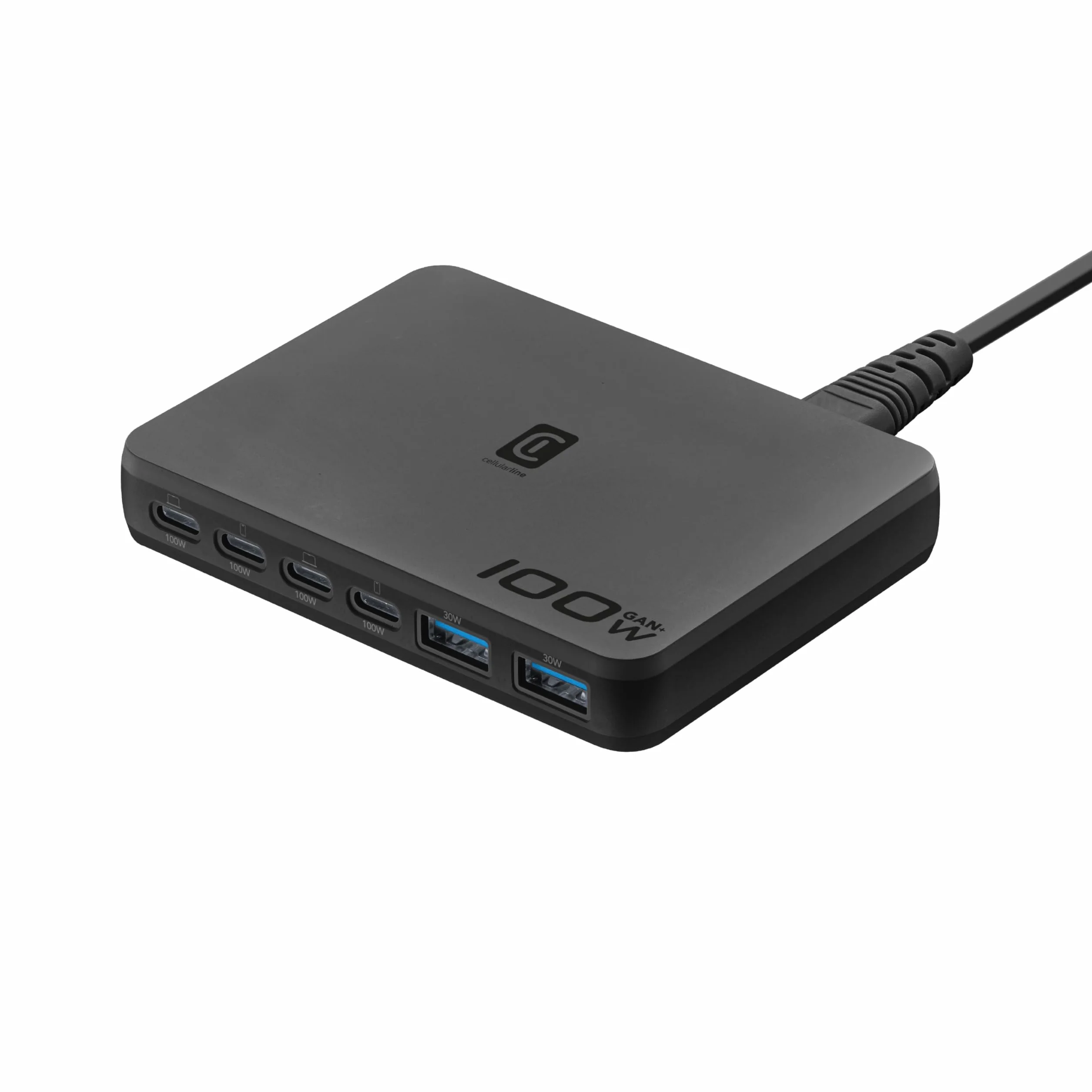 Cellularline Power Lite 100 W stacja ładująca na biurko z 6 portami, w tym 4 USB-C i 2 USB-A, GaN+ do smartfonów, tabletów i laptopów, kolor czarny