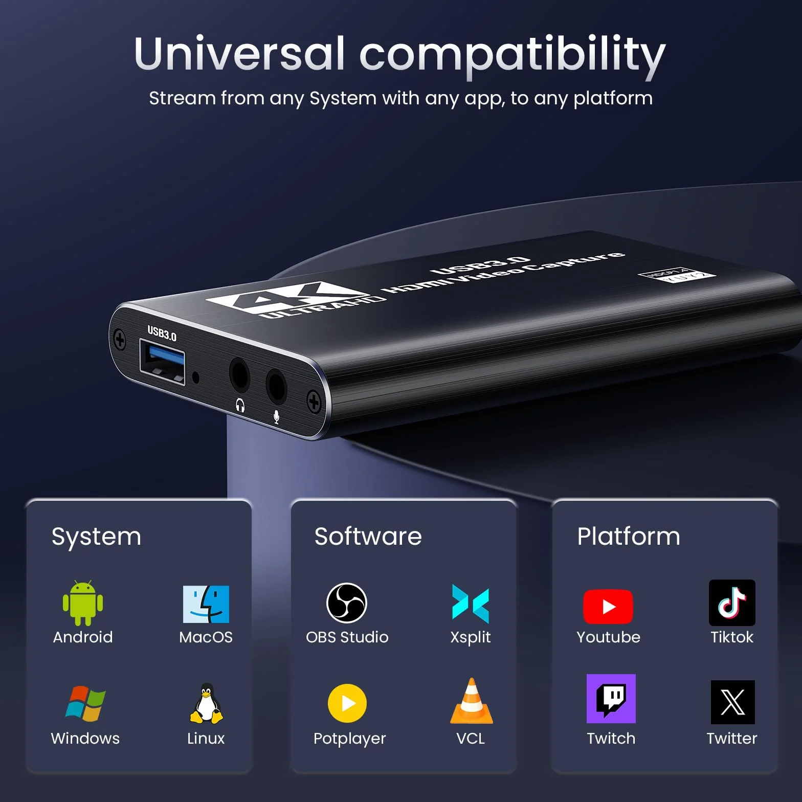 Papeaso 4K HDMI Capture Card, 1080P 60FPS USB 3.0 nagrywarka wideo do strumieniowego przesyłania, kompatybilna z Switch, PS5, PS4, Xbox, aparatem, komputerem