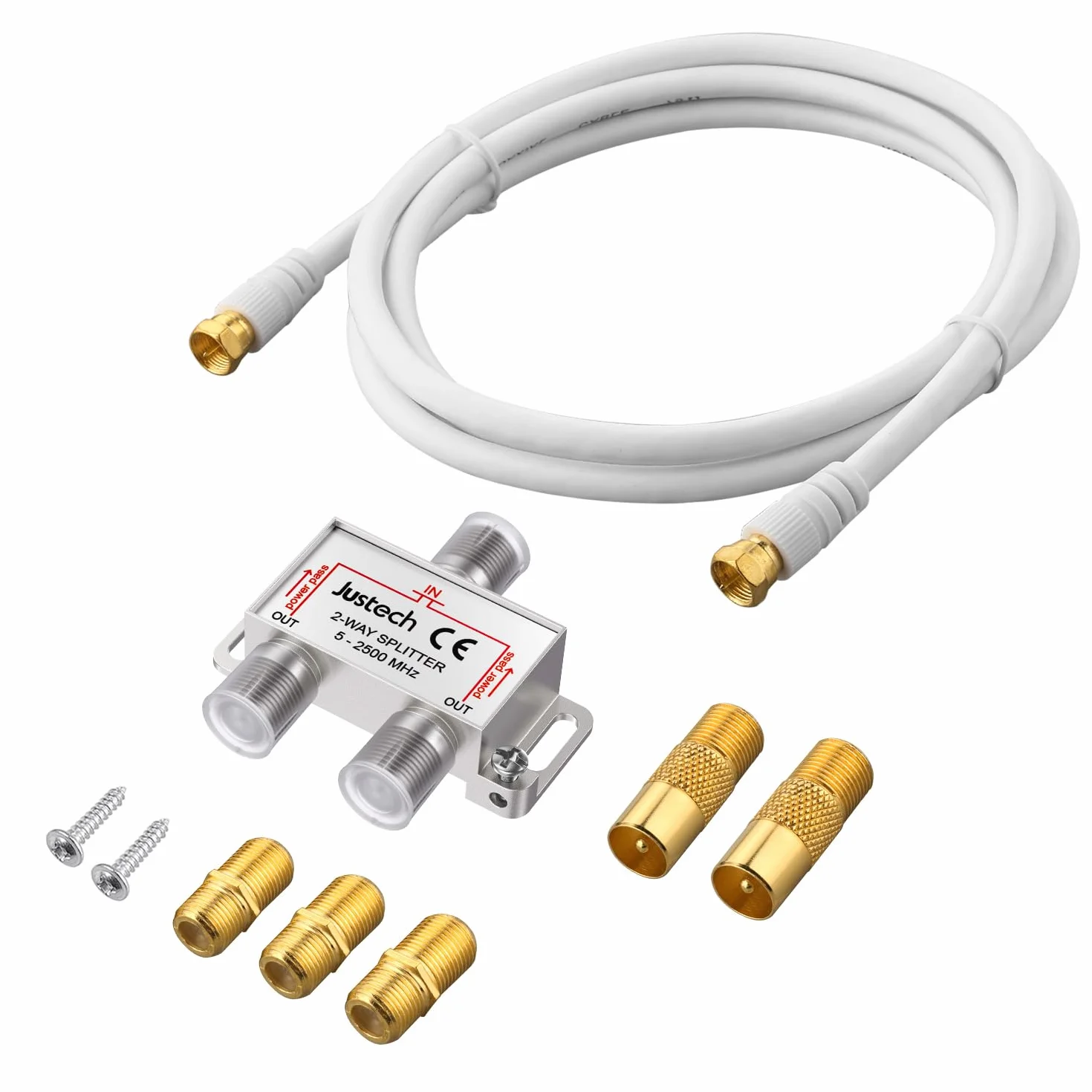 Justech 2-krotny adapter telewizyjny radio F wtyczka kabel antenowy rozdzielacz satelitarny rozdzielacz metalowy rozdzielacz TV w zestawie adapter + kabel + 2 x wtyczka F do wtyczki koncentrycznej + 3