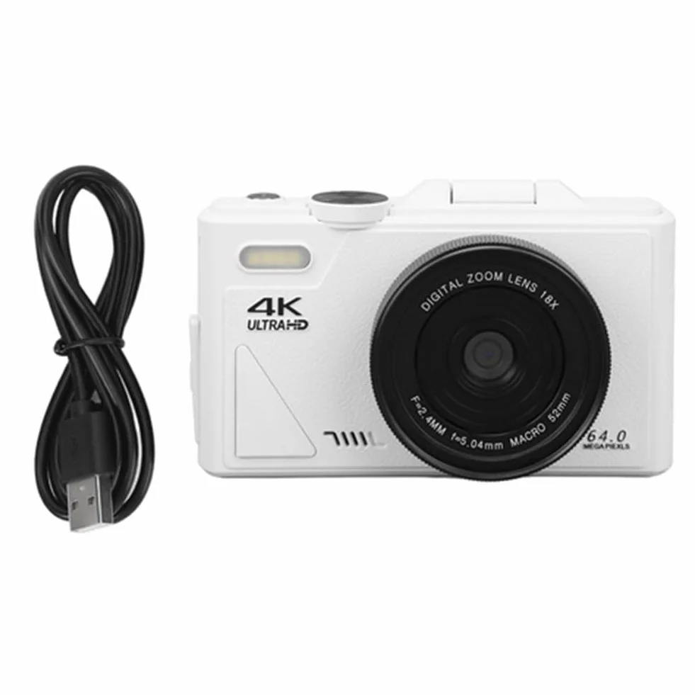 Malloy Aparat cyfrowy w stylu retro 64 MP, stabilizacja, funkcja pauzy wideo, 3-calowy ekran IPS, aparat cyfrowy do vlogowania, biały