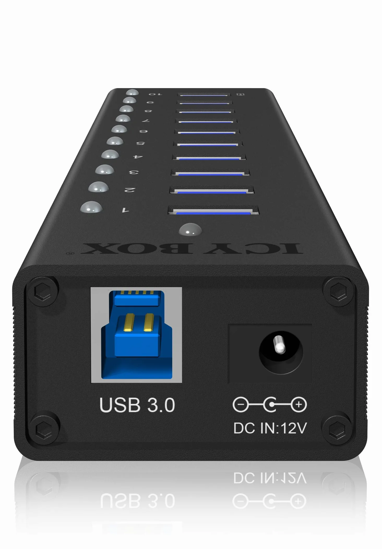 ICY BOX IB-AC6110 10-krotny koncentrator USB 3.0 z zasilaczem (12 V/4 A), port ładowania, w pełni aluminiowy, mocowanie na rzepy, czarny