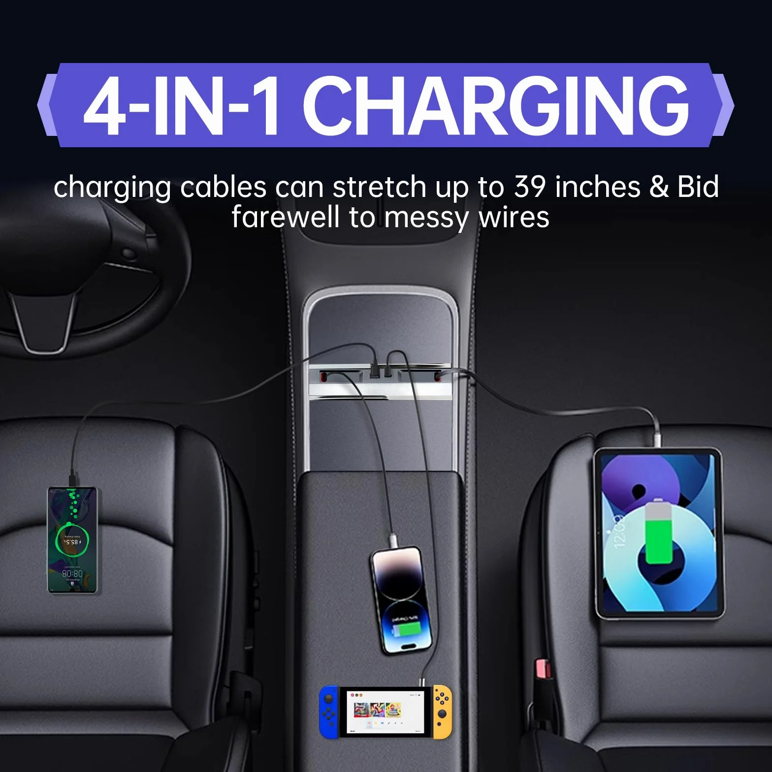 Hub USB do Tesla Model 3 Highland 2024 2025 Model Y Juniper 2025 z przesuwaną pokrywą, 119 W 4 w 1 Multi Ports, szybka ładowarka, wodoodporna stacja dokująca z wysuwanymi kablami, pasuje do