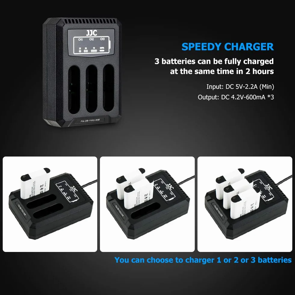 JJC Ładowarka USB potrójny adapter do Ricoh GRIII WG-6, Olympus Tough TG-6, TG-5, TG-4, TG-3, TG-2, TG-1, Stylus X-Z2 iHS, SP-100 do aparatów cyfrowych Ricoh DB-110