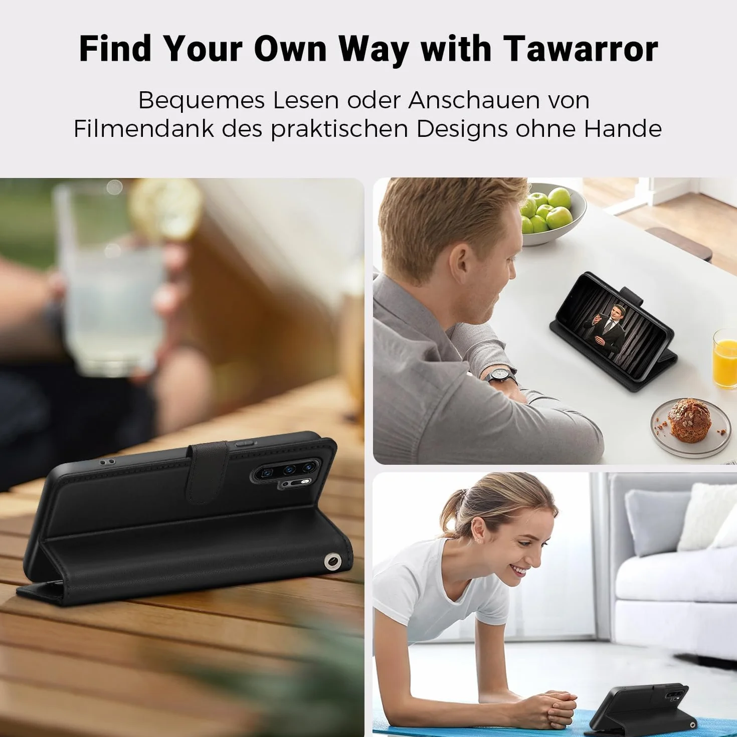 Tawarror Skórzane etui z klapką do Huawei P30 Pro, wielofunkcyjne magnetyczne etui skórzane do P30 Pro ze składanym stojakiem i gniazdami na karty, czarne