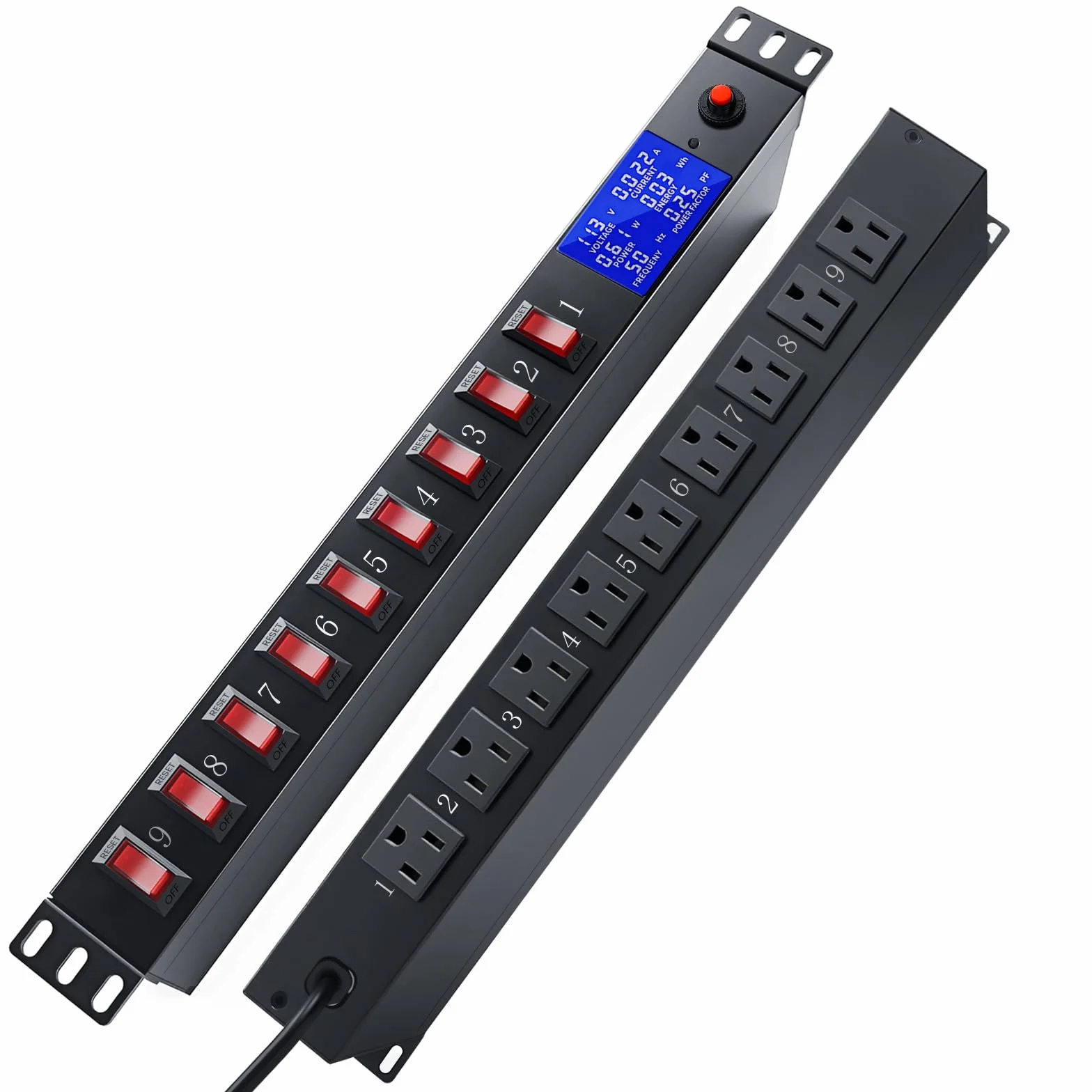 9-gniazdowa, listwa zasilająca do montażu w szafie, z pojedynczymi przełącznikami, zabezpieczenie przeciwprzepięciowe PDU 15A, 125 V, 1875 W, rozdzielacz zasilania do szaf serwerowych 1U w zestawie