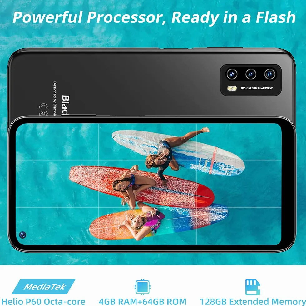 Blackview A90 Android 11 smartfon, Helio P60 Octa-Core, 4GB RAM 128GB Możliwość rozbudowy, 6.39-calowy wyświetlacz w komórce, 12MP + 8MP AI kamera tylna, bateria 4280mAh, NFC, 4G LTE Dual SIM - czarny