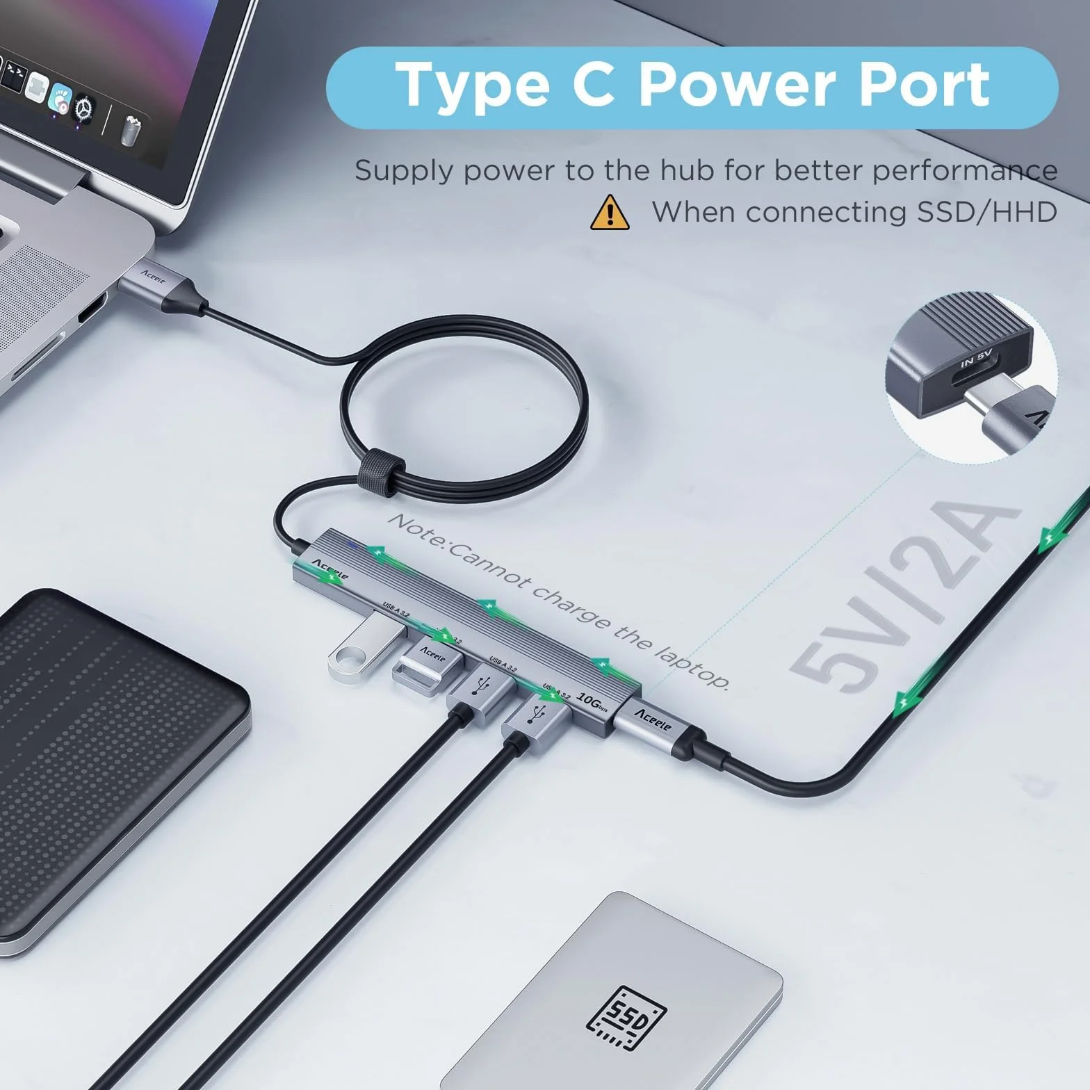 Aceele Hub USB 3.2 do 4 portów USB-A 3.2 Hub USB 3.2 z kablem przedłużonym o długości 1,2 m, 10 Gbps Wieloportowy adapter USB 3.2 Hub kompatybilny z MacBook Air/Pro, iMac itp