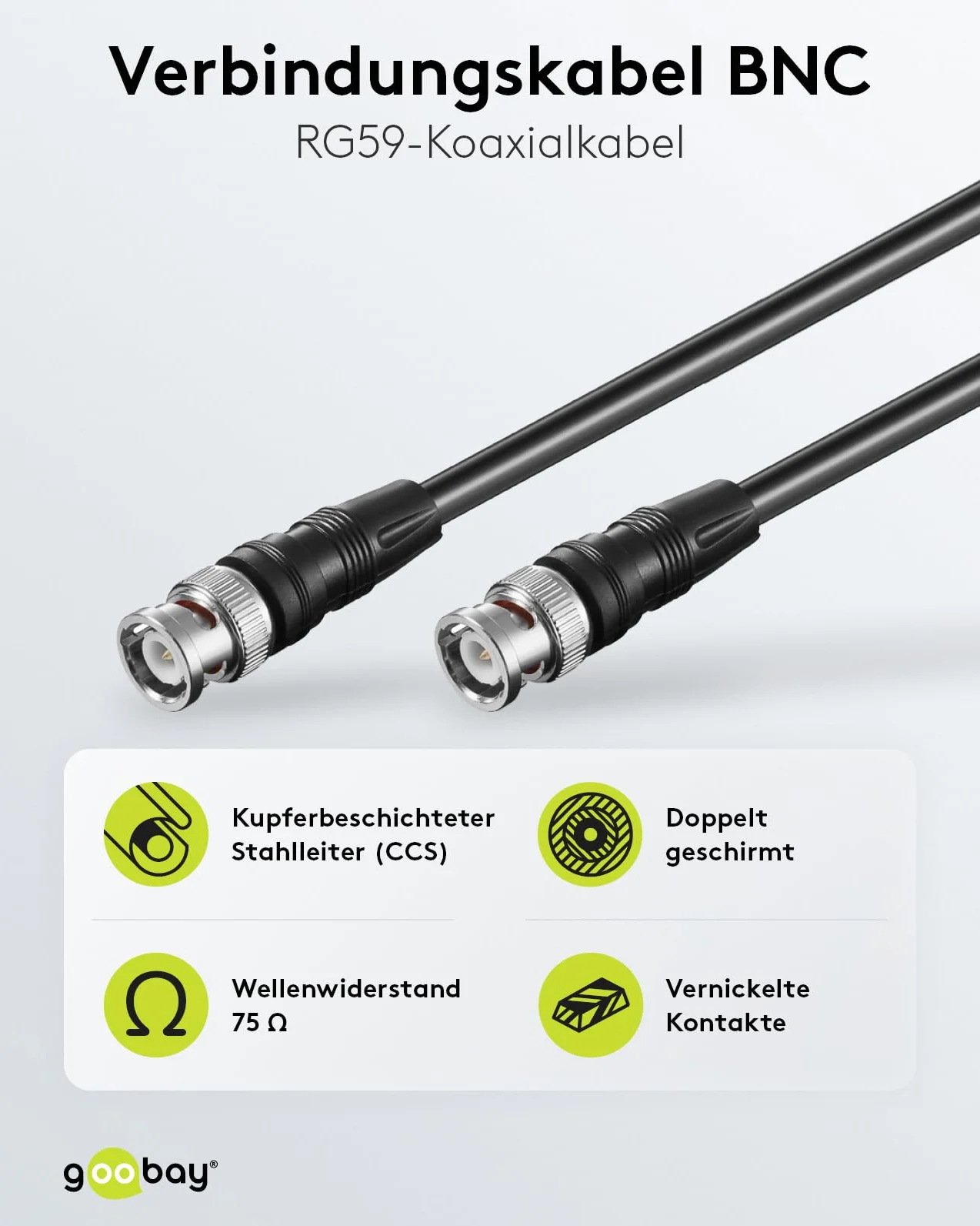 Goobay 50046 BNC kabel złącza wideo, (RG59), podwójnie ekranowany, długość kabla 2 m, czarny