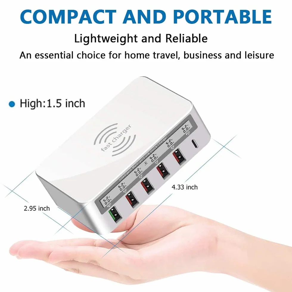 Bezprzewodowa ładowarka wiele USB stacja ładująca 100 W szybkie ładowanie 6-portowa stacja ładująca biurkowa Hub z szybkim ładowaniem 3.0 port USB 18 W PD kompatybilny z iPhone iPad Samsung, biały