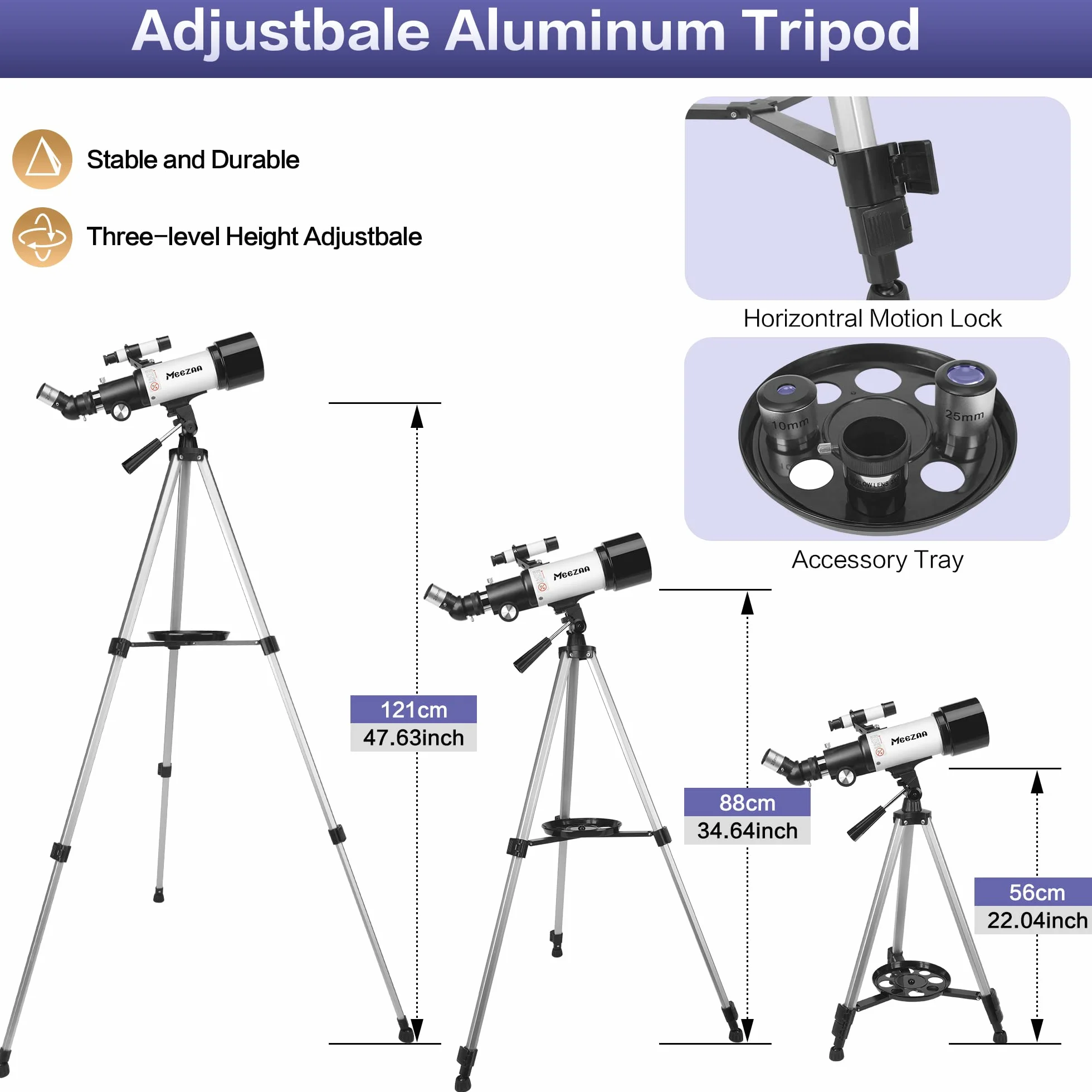 MEEZAA Teleskop dla dorosłych, otwór 70 mm i ogniskowa 400 mm, profesjonalny teleskop astronomiczny dla dzieci i początkujących, z statywem z stali nierdzewnej i adapterem do smartfona
