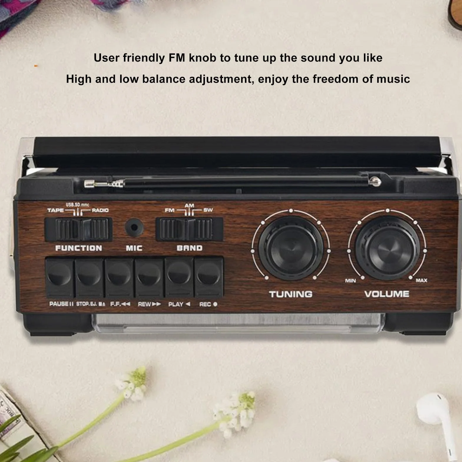 Przenośny Odtwarzacz Kasetowy, Magnetofon Radiowy Retro AM FM SW Boombox z Gniazdem Karty Pamięci USB Gniazdo Słuchawkowe, do Drewna Samochodowego, na Baterie lub na Prąd (wtyczka UE)