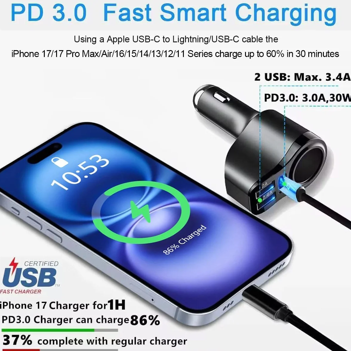 Ładowarka samochodowa 4 w 1 PD 3.0 do gniazda zapalniczki samochodowej rozdzielacz USB 12 V ładowarka samochodowa 168 W szybkie ładowanie mini adapter USB gniazdo do iPhone 17 16 15 14 13 12 Samsung
