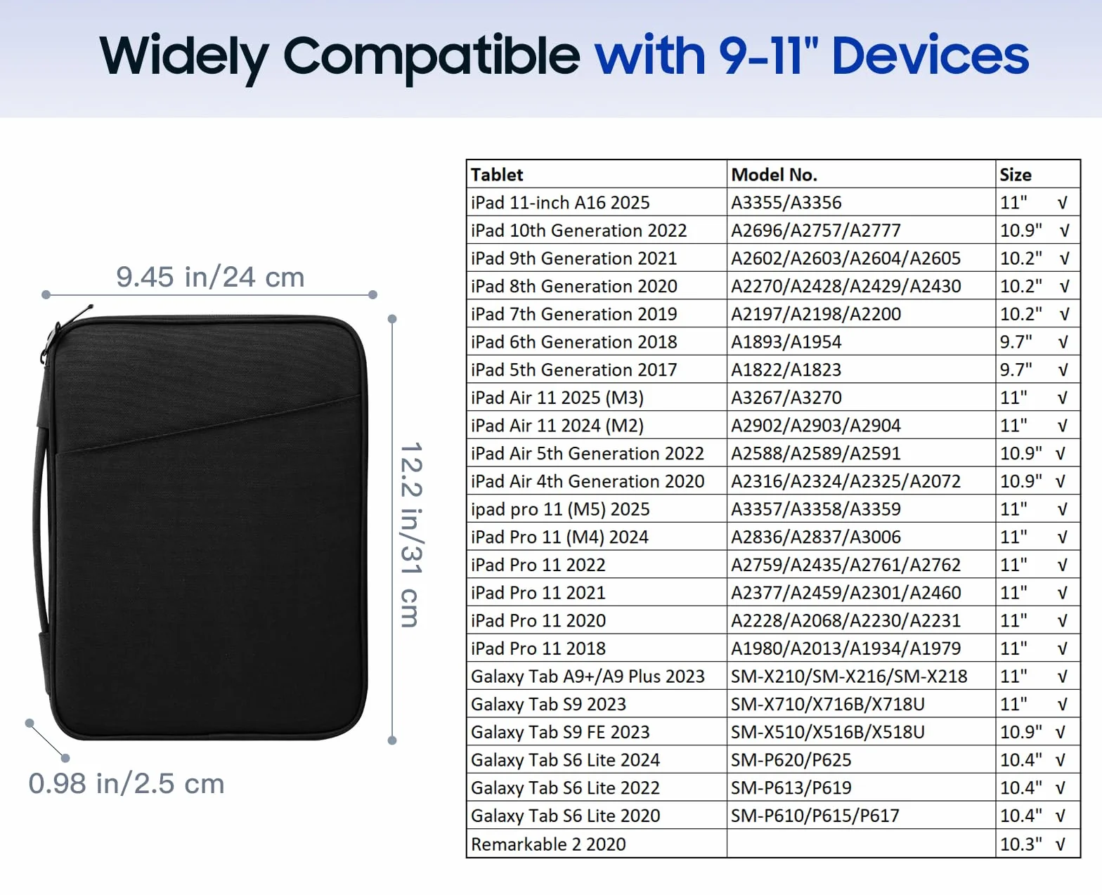 TiMOVO 9-11" Tablet Sleeve for iPad 11-inch A16 2025, iPad 10th Gen. 10.9"/10.2"/ Air 11/5th/4th Gen. 10.9", Galaxy Tab A9 Plus 11", Protective Bag with Pockets, Black