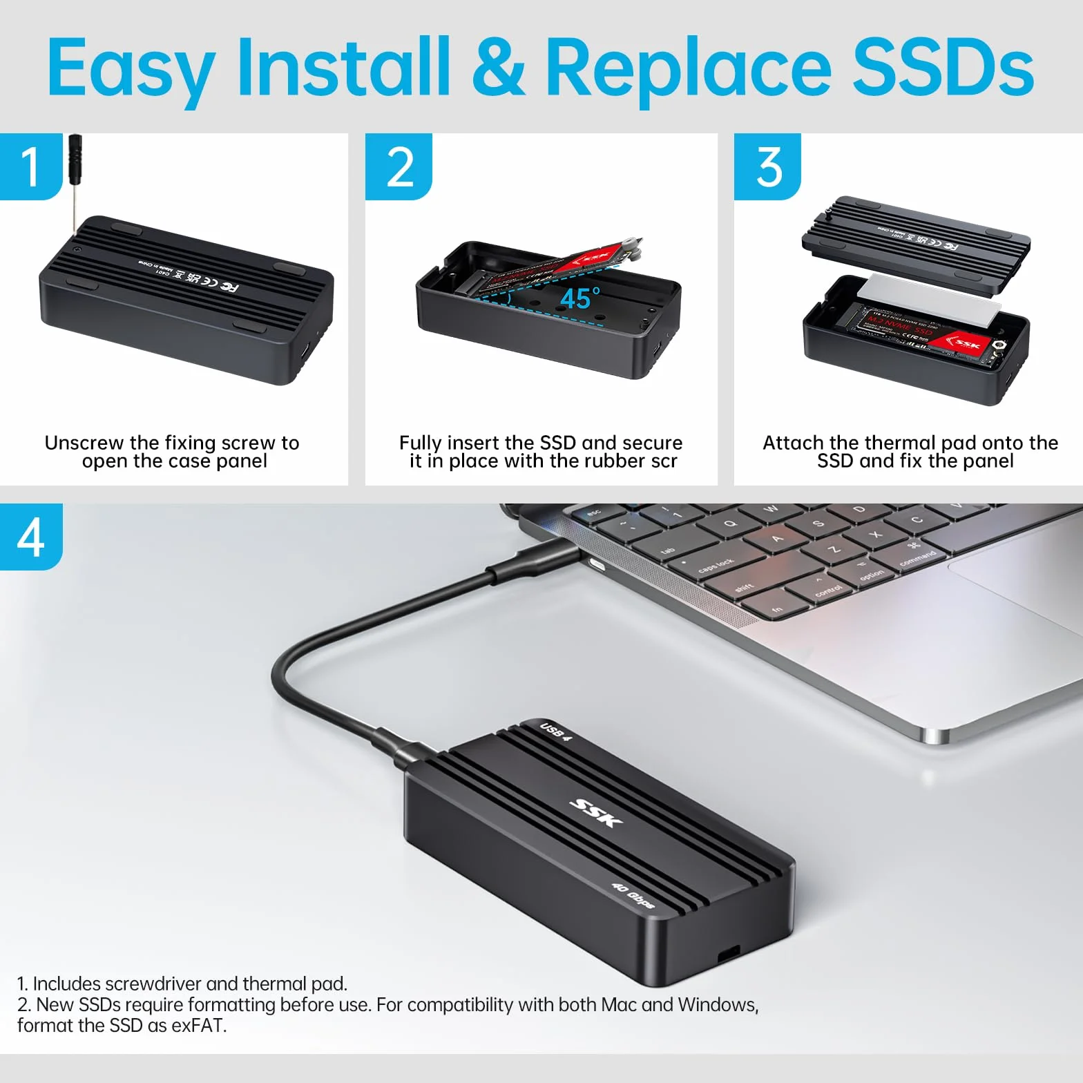SSK Obudowa NVMe 40 Gb/s, Dysk SSD M.2 NVMe USB4 Adapter z LED, Obsługuje 2280/2260/2242/2230 SSD