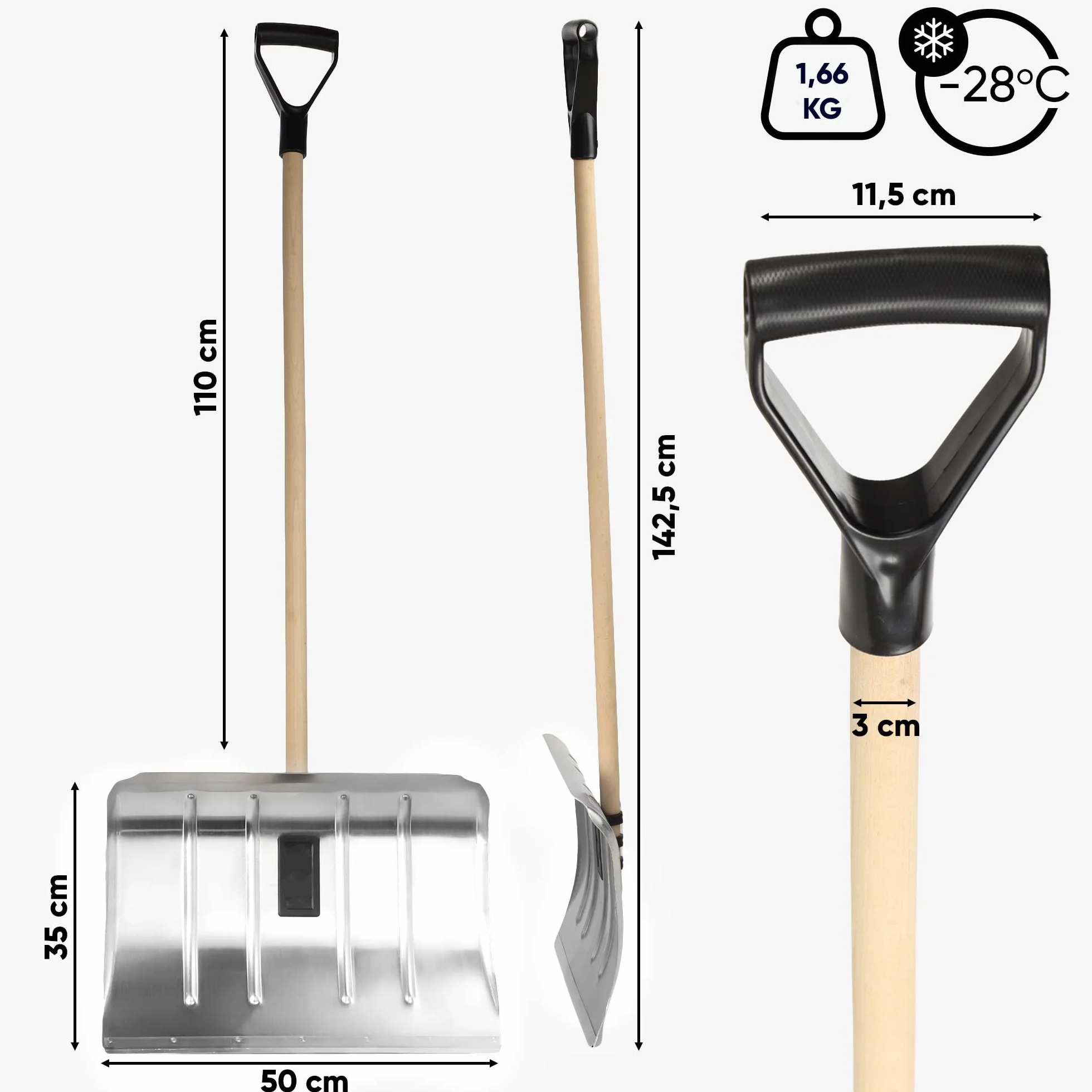 KADAX Łopata do śniegu aluminiowa z drewnianym trzonkiem i uchwytem D, szerokość 50 cm