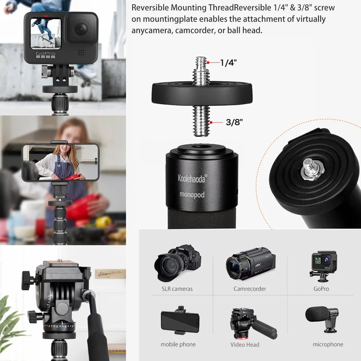 Koolehaoda Aluminiowy monopod do aparatu fotograficznego z metalową podstawą. 6 sekcji 42-177 cm, regulowana średnica nóg Φ28 mm, do 10 kg - czarny
