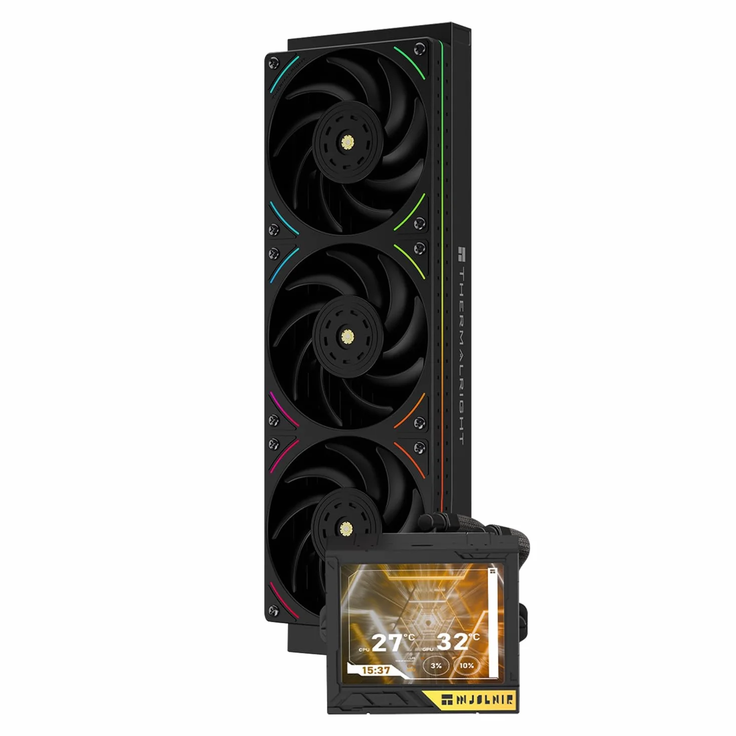 TR Mjolnir Vision 360 UB PRO ARGB Black CPU-Aio, specyfikacja 360, system chłodzenia wody z wentylatorem liniowym, ekran LCD 3,5" o rozdzielczości 640 x 480 do AM4/AM5; Intel lga1700/1851
