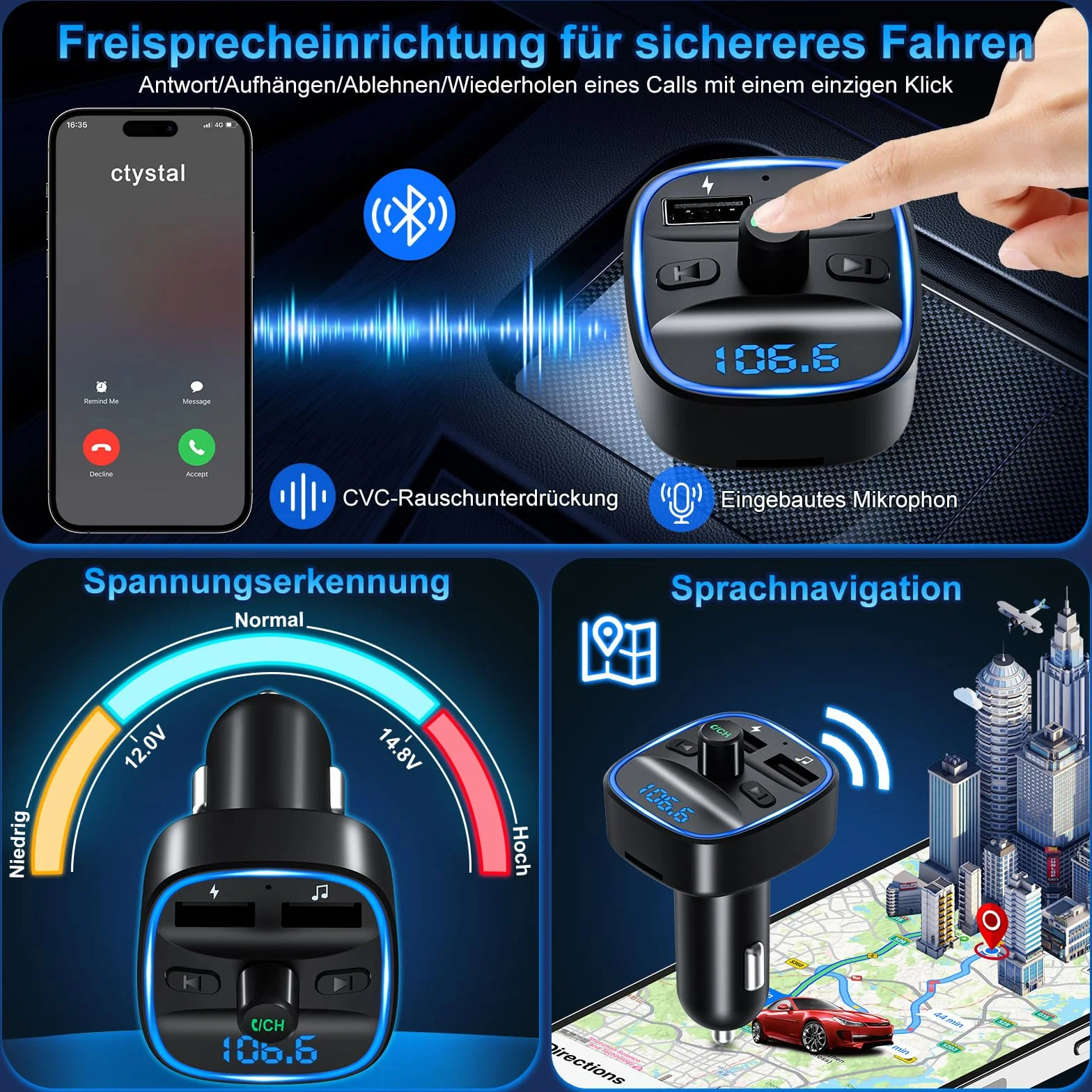 Transmiter Bluetooth 5.3 FM, samochodowy adapter Bluetooth, radio, 2 USB ładowarki LED, samochodowy ładowarka, odtwarzacz muzyczny, zapalniczka z głośnikiem