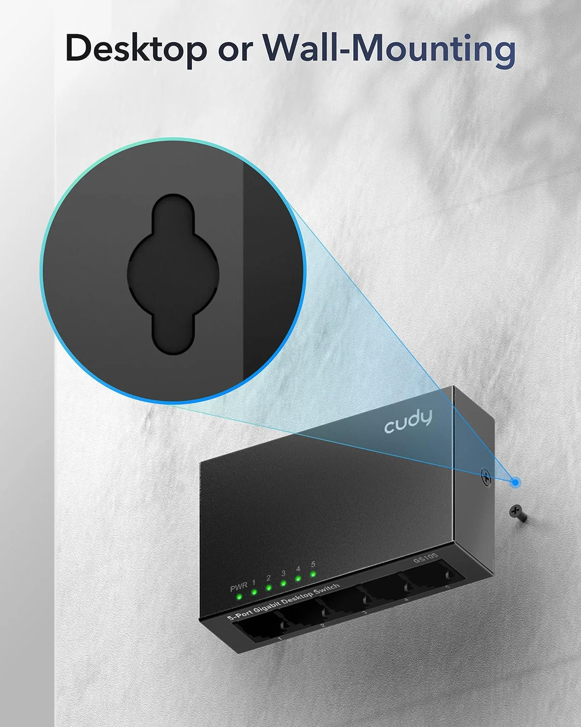 Cudy GS105 Przełącznik Ethernet Gigabit 5 portów, 10/100/1000 Mbps Hub Ethernet, Plug & Play, Metalowa obudowa Switch RJ-45 RJ45 VLAN Auto-MDI/MDIX czarny