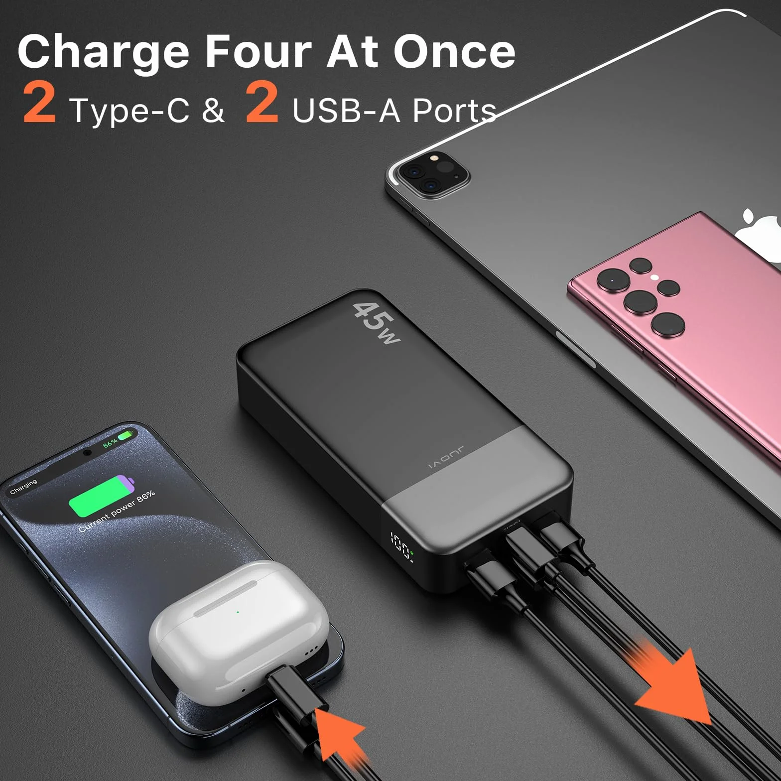 JUOVI 45W Power Bank szybkie ładowanie 20000mAh Portable Charger | USB C Portable Phone Charger, Battery Pack z PD 3.0 & QC 4.0 dla Samsung S26/25/24 serii iPhone 17/16/15/14/13