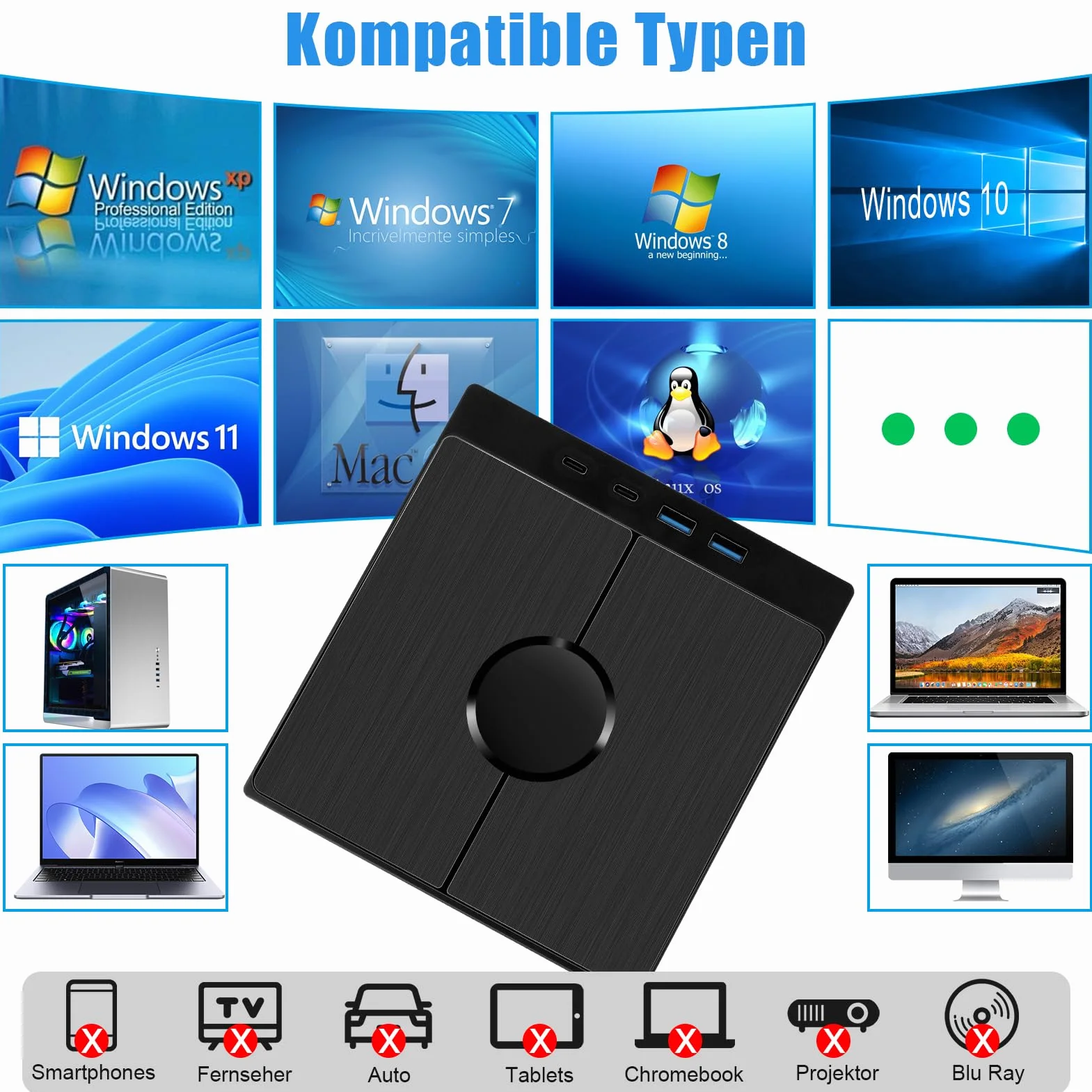 Zewnętrzny napęd DVD USB 3.0 SD/TF do laptopa MacBook Windows Linux