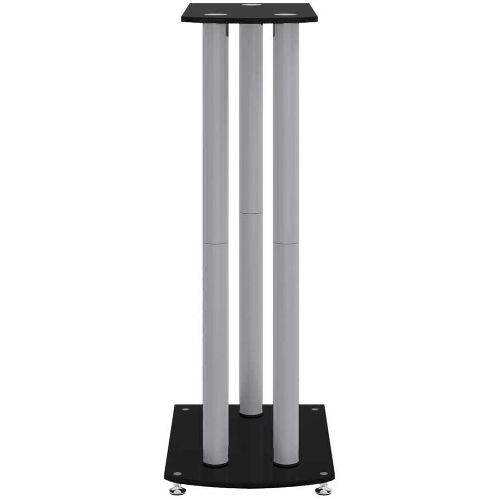 Stojak na głośniki 2 sztuki, czarny, srebrny, z hartowanego szkła z aluminiowymi kolumnami, wysokość 75 cm, antypoślizgowy, z systemem zarządzania kablami, do kina domowego, salonu, studia