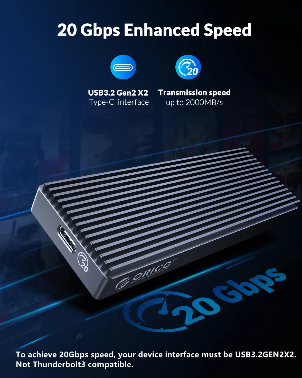ORICO NVMe M.2 SSD obudowa 20 Gbps do 2000 MB/s, USB 3.2 Gen2x2 USB-C aluminium NVMe adapter do PCIe NVMe M-Key/B+M Key 2230/2242/2260/2280 -M2PAC3